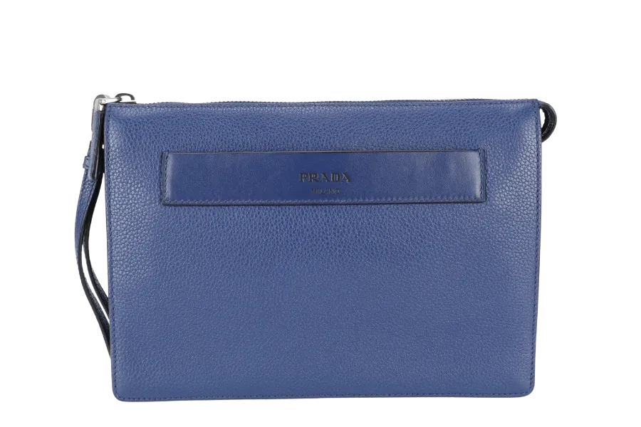 PRADA BORSELLO DARK BLUE GRAIN CALFSKIN CLUTCH SILVER HARDWARE WITH DUST COVER