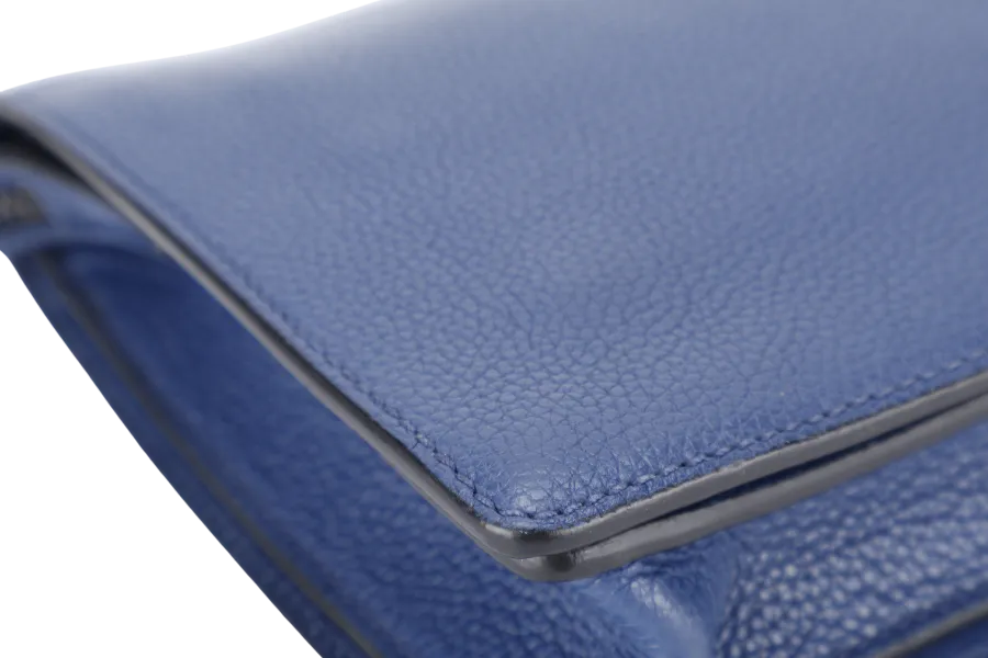 PRADA BORSELLO DARK BLUE GRAIN CALFSKIN CLUTCH SILVER HARDWARE WITH DUST COVER