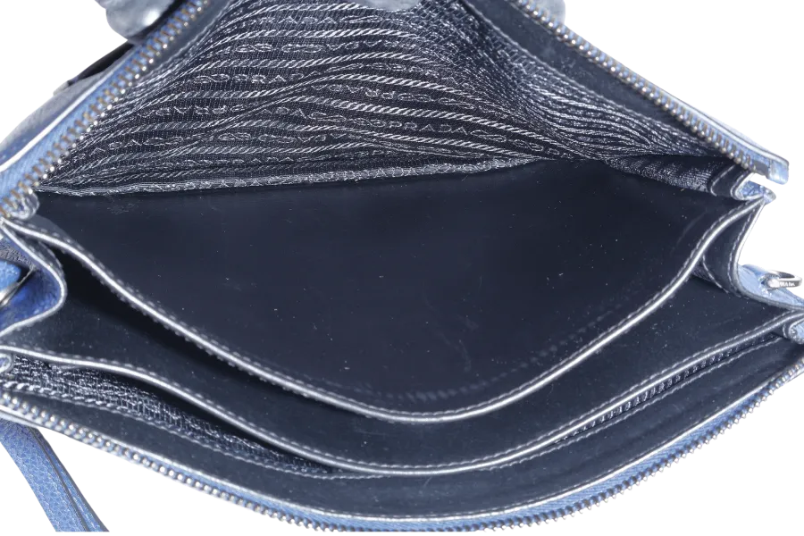 PRADA BORSELLO DARK BLUE GRAIN CALFSKIN CLUTCH SILVER HARDWARE WITH DUST COVER