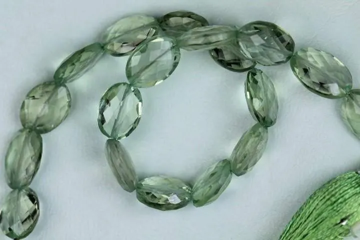 Prasiolite Green Amethyst Checker Cut Oval Loose Gemstone Beads 12mm 14mm 10"