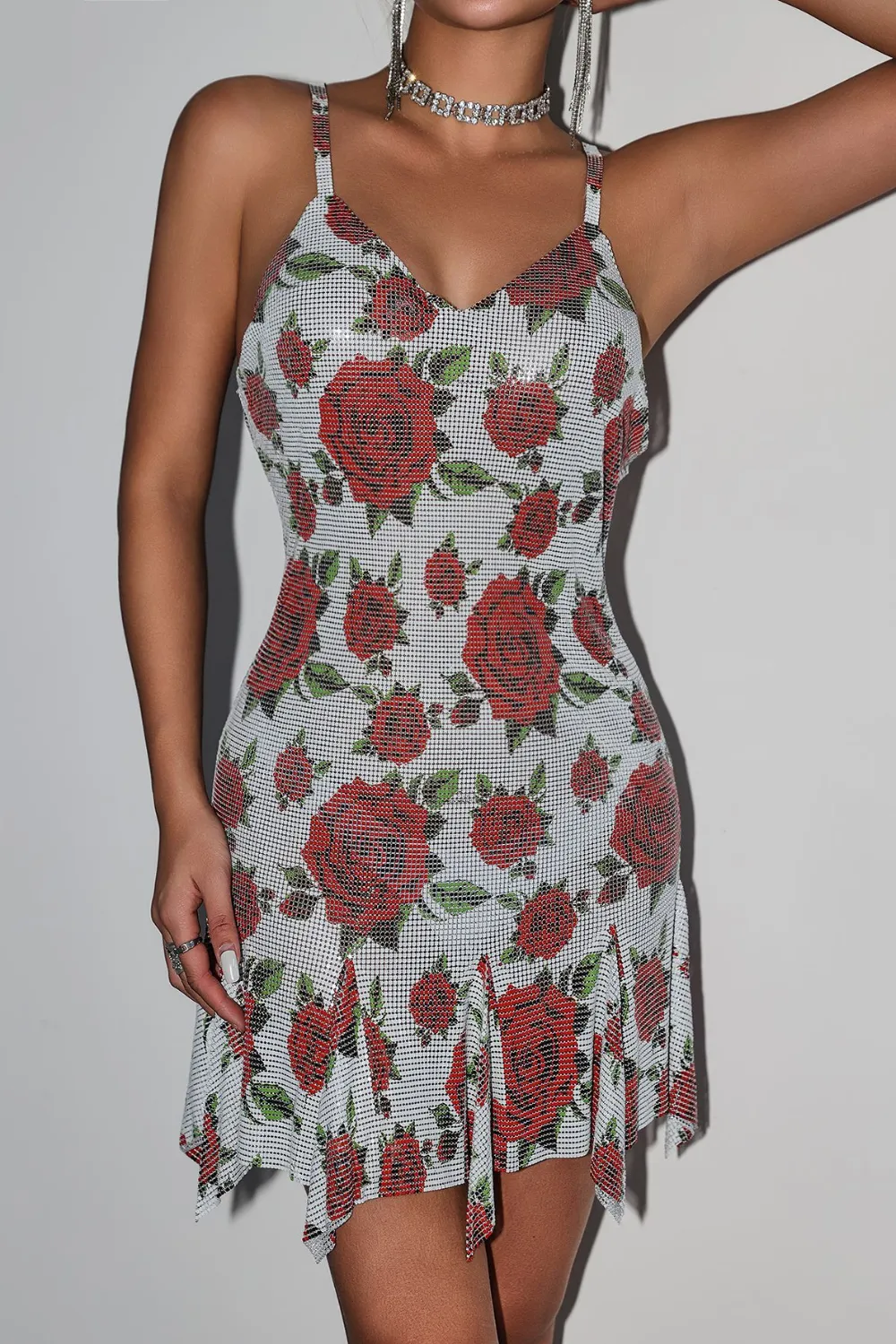 Printed Glitter Backless Chainmail Dress