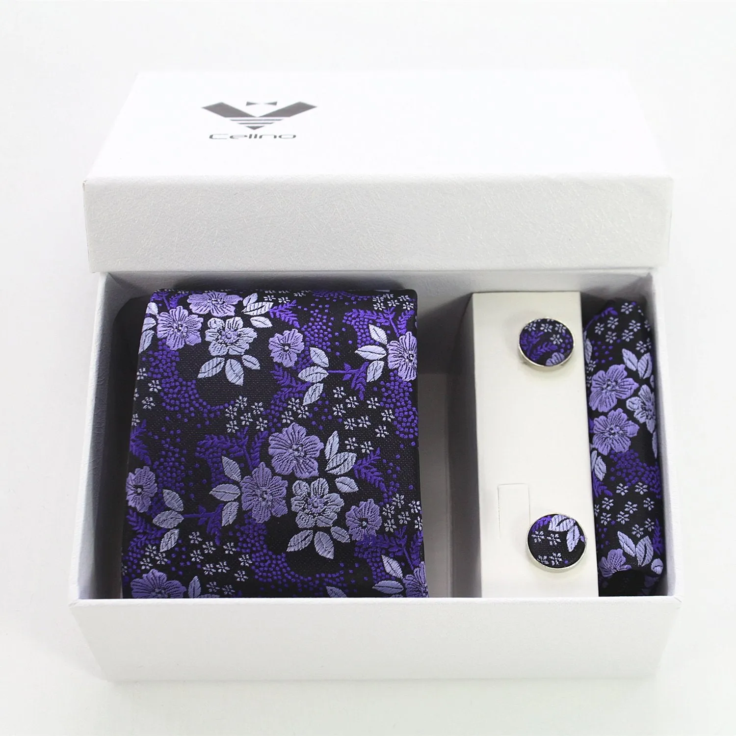Purple Silver & Black Designer Silk Floral Necktie with Matching Cufflinks & Pocket Square Set for Men