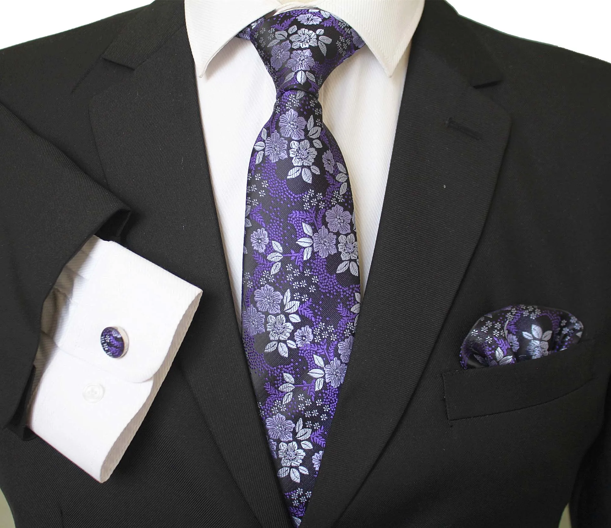 Purple Silver & Black Designer Silk Floral Necktie with Matching Cufflinks & Pocket Square Set for Men