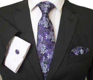 Purple Silver & Black Designer Silk Floral Necktie with Matching Cufflinks & Pocket Square Set for Men