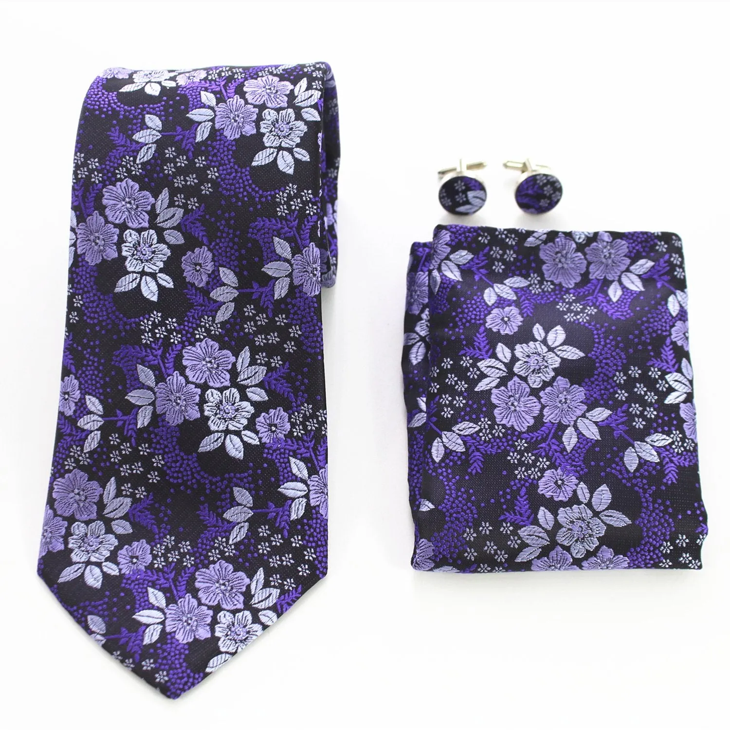 Purple Silver & Black Designer Silk Floral Necktie with Matching Cufflinks & Pocket Square Set for Men