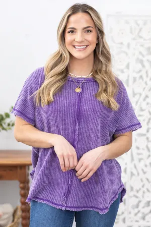 Purple Washed Front Stitch Waffle Knit Top