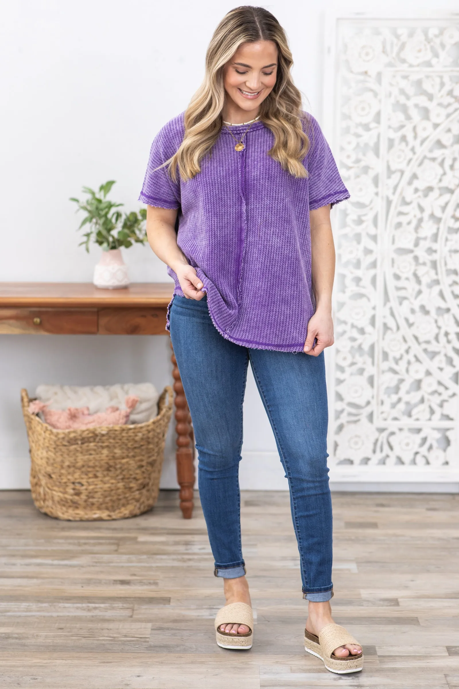 Purple Washed Front Stitch Waffle Knit Top