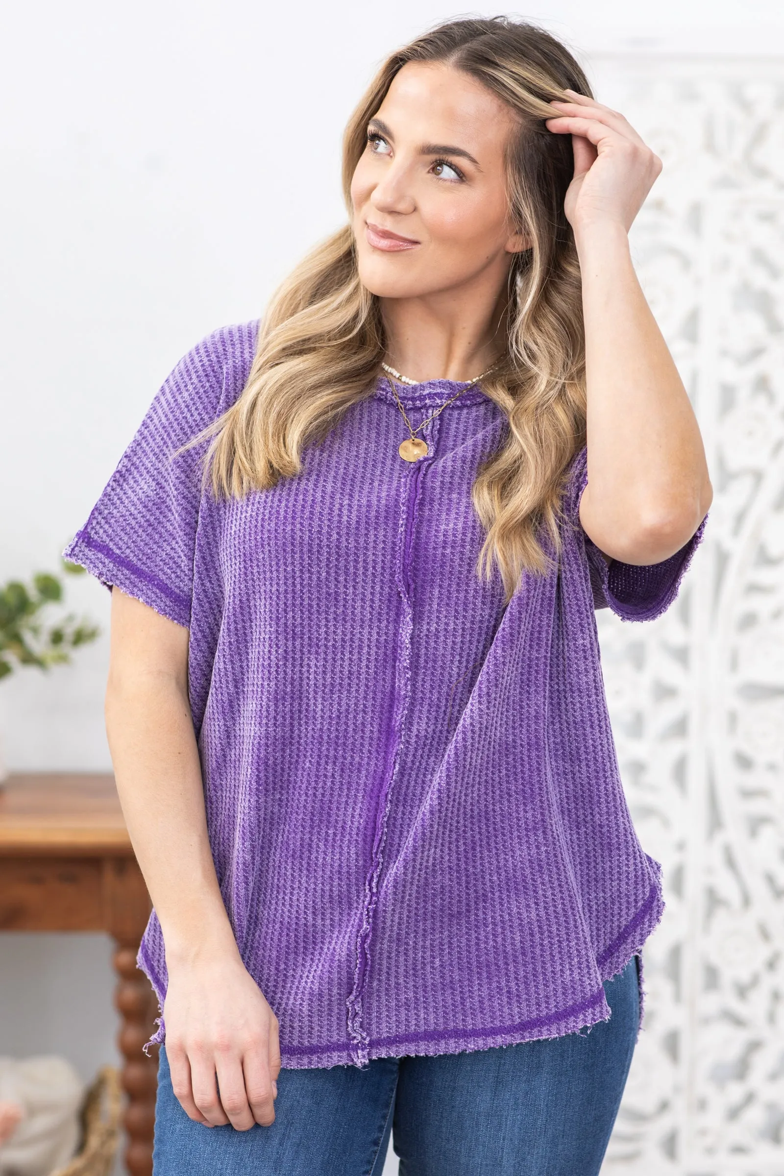 Purple Washed Front Stitch Waffle Knit Top