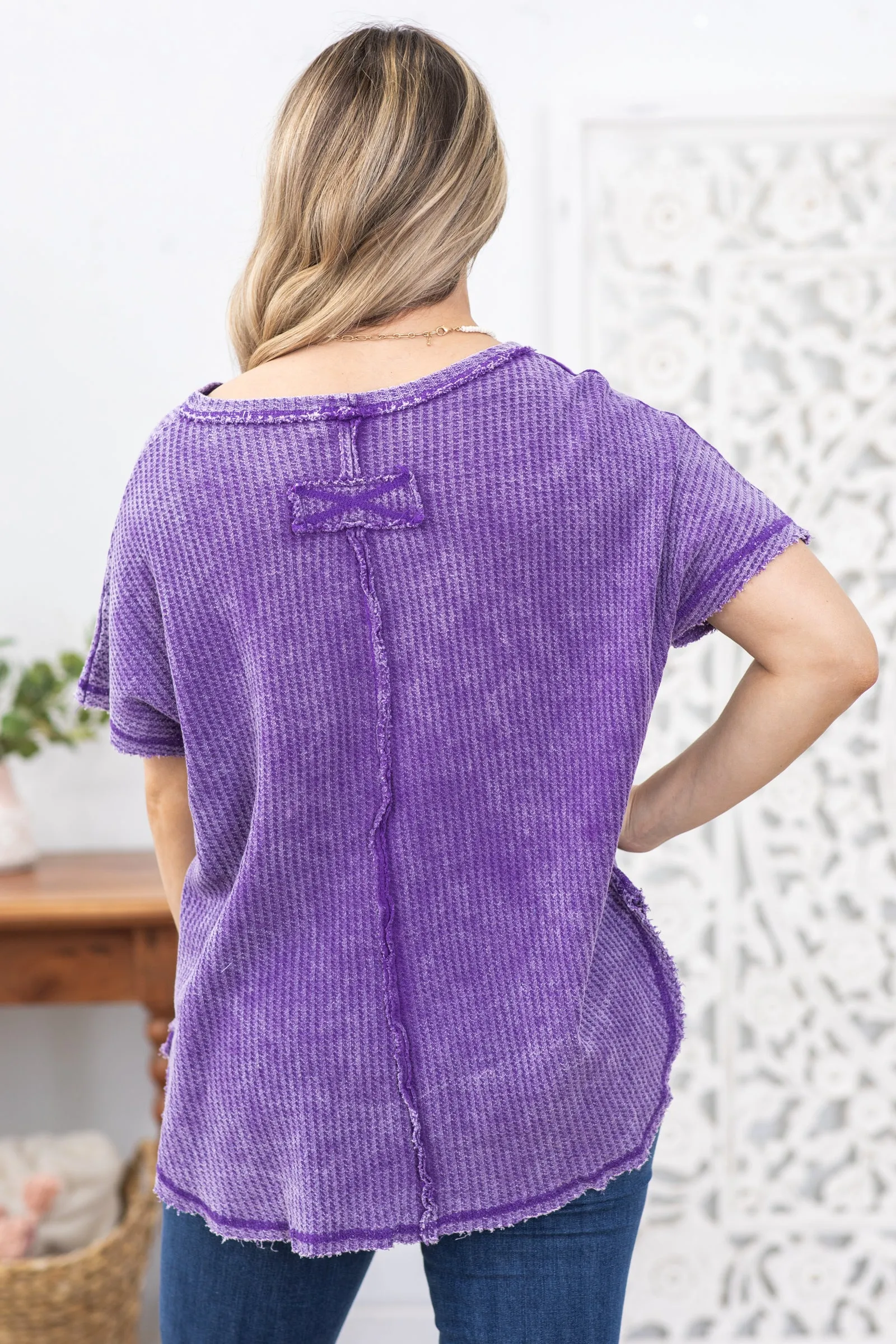 Purple Washed Front Stitch Waffle Knit Top