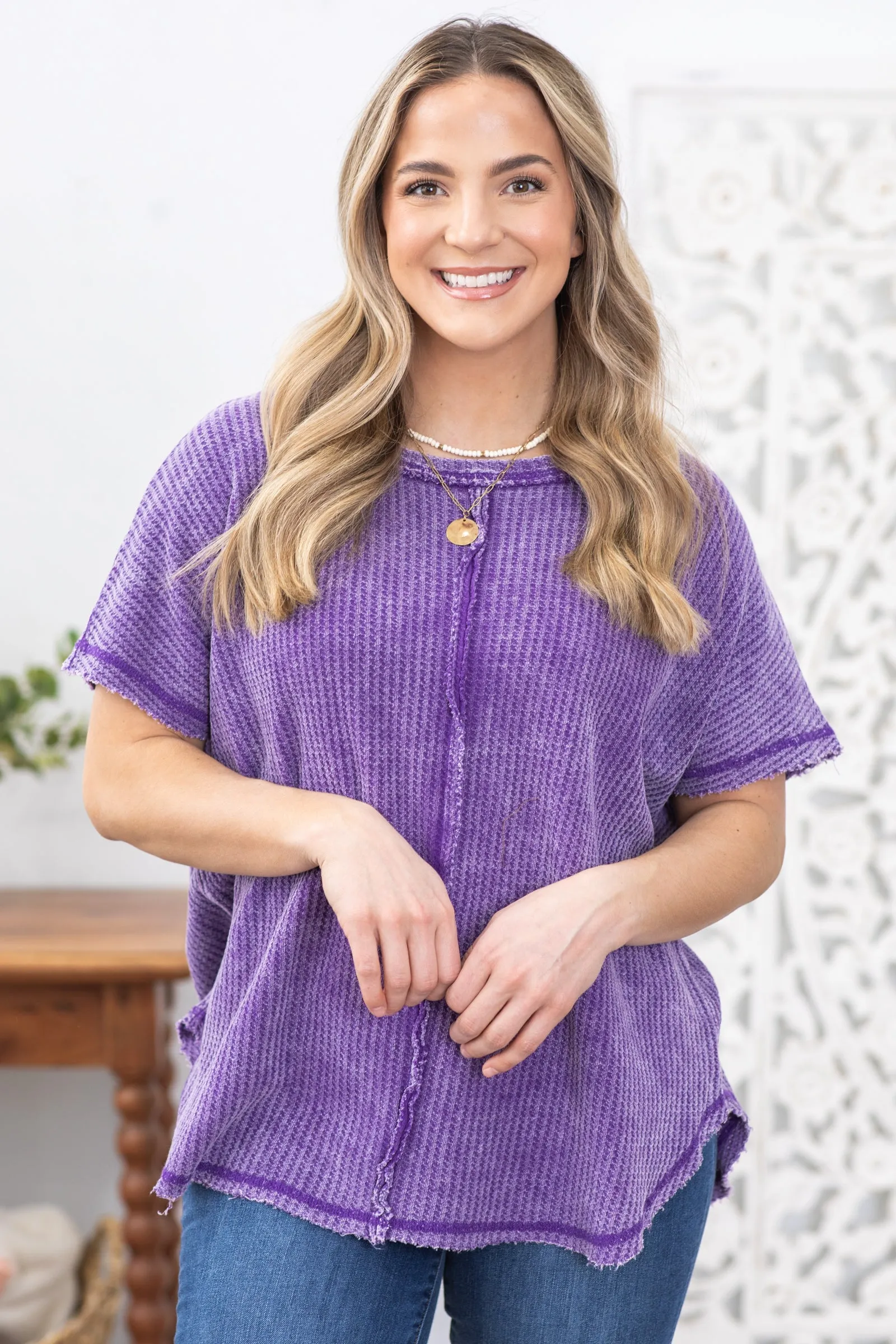 Purple Washed Front Stitch Waffle Knit Top