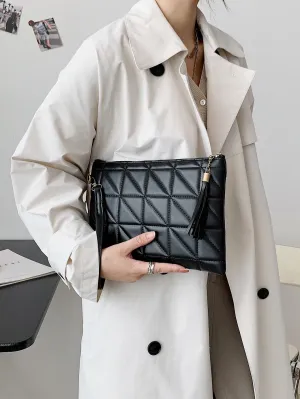 Quilted Embossed Tassel Decor Clutch Bag - Black- FD ⚡