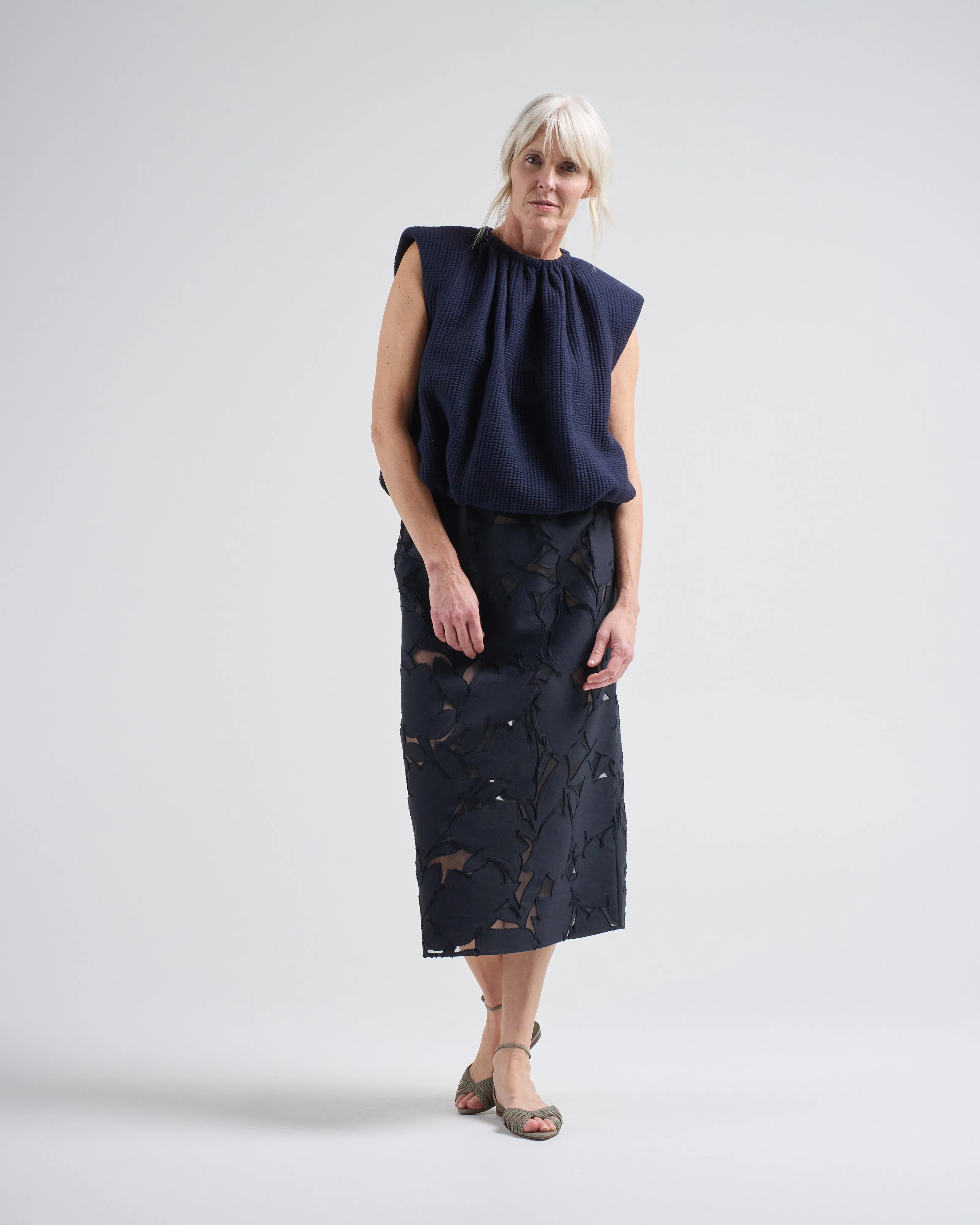 quilted waffle shirred neck top