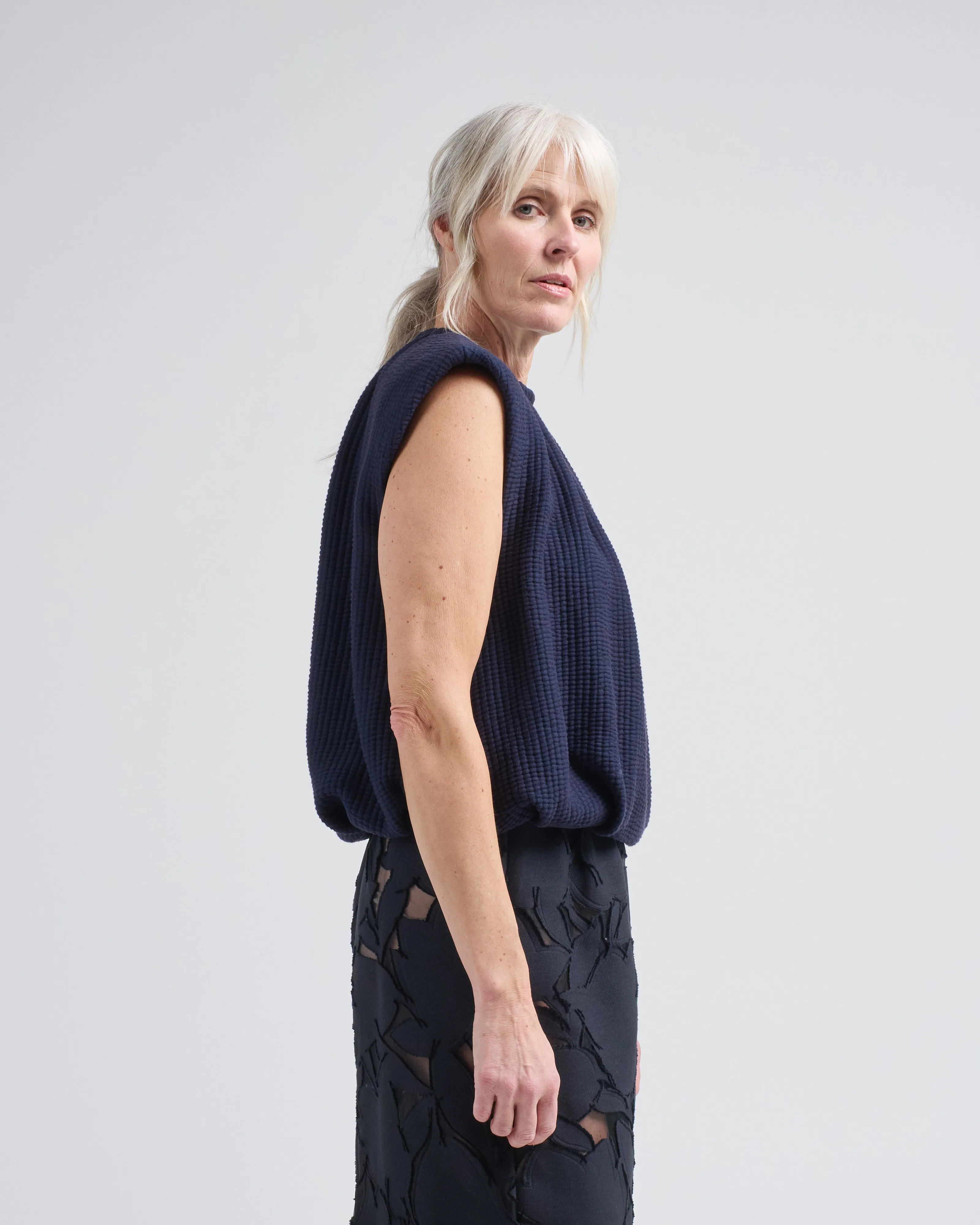 quilted waffle shirred neck top