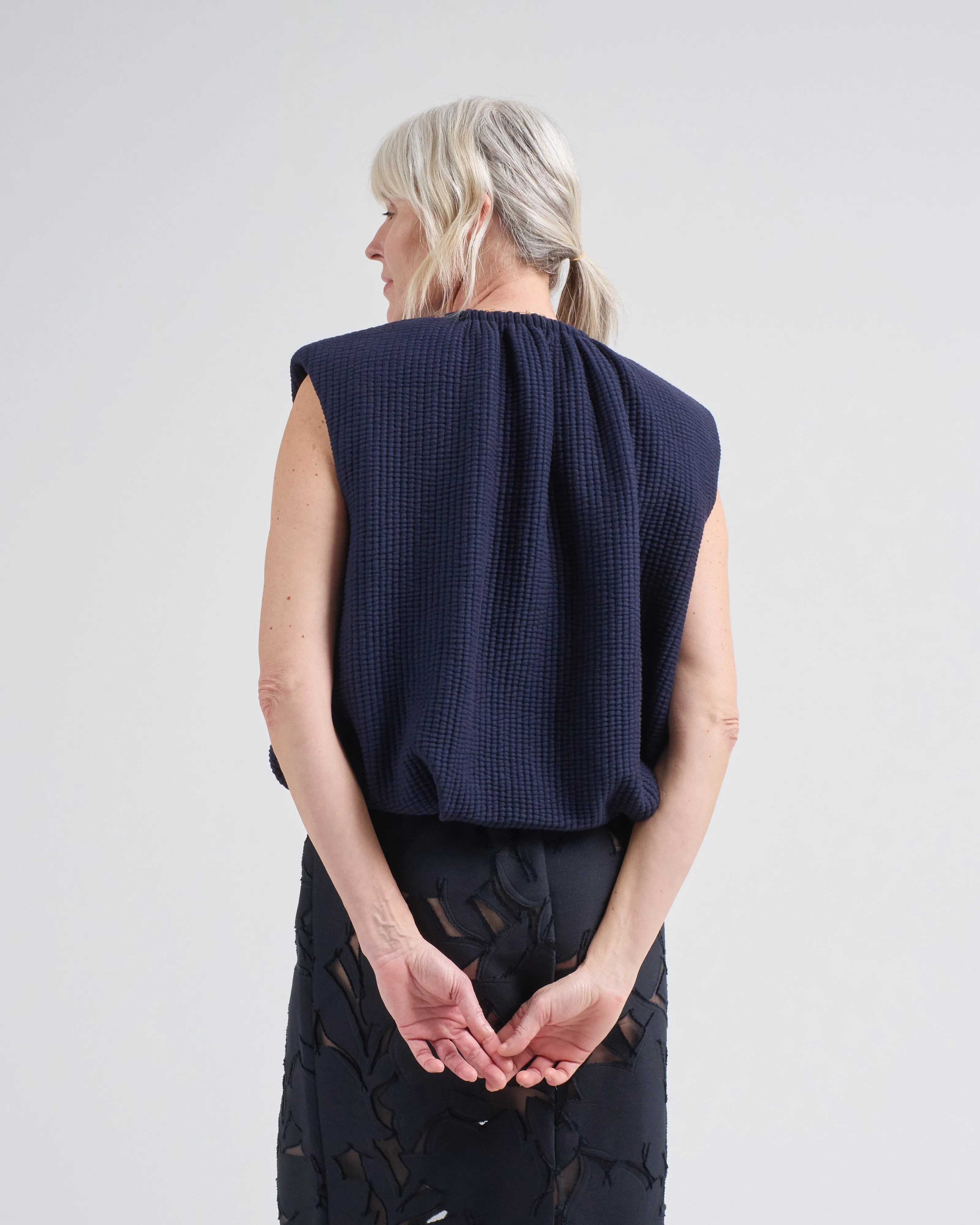 quilted waffle shirred neck top