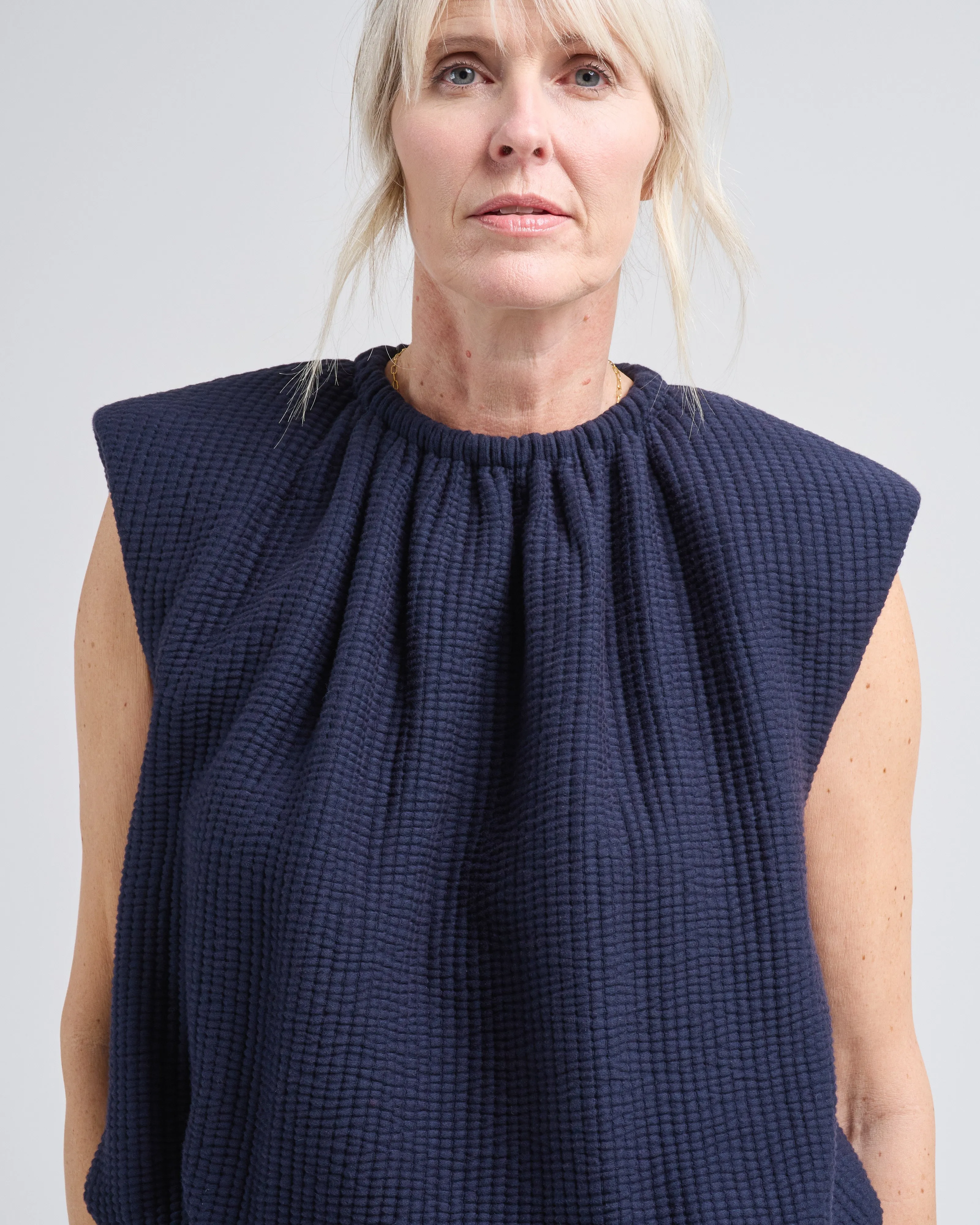 quilted waffle shirred neck top