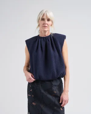 quilted waffle shirred neck top