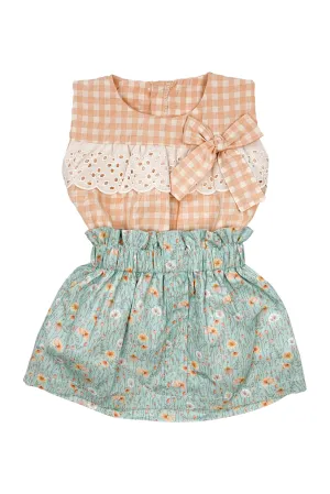 "Meadow" Peach Gingham Blouse & Sage Floral Skirt