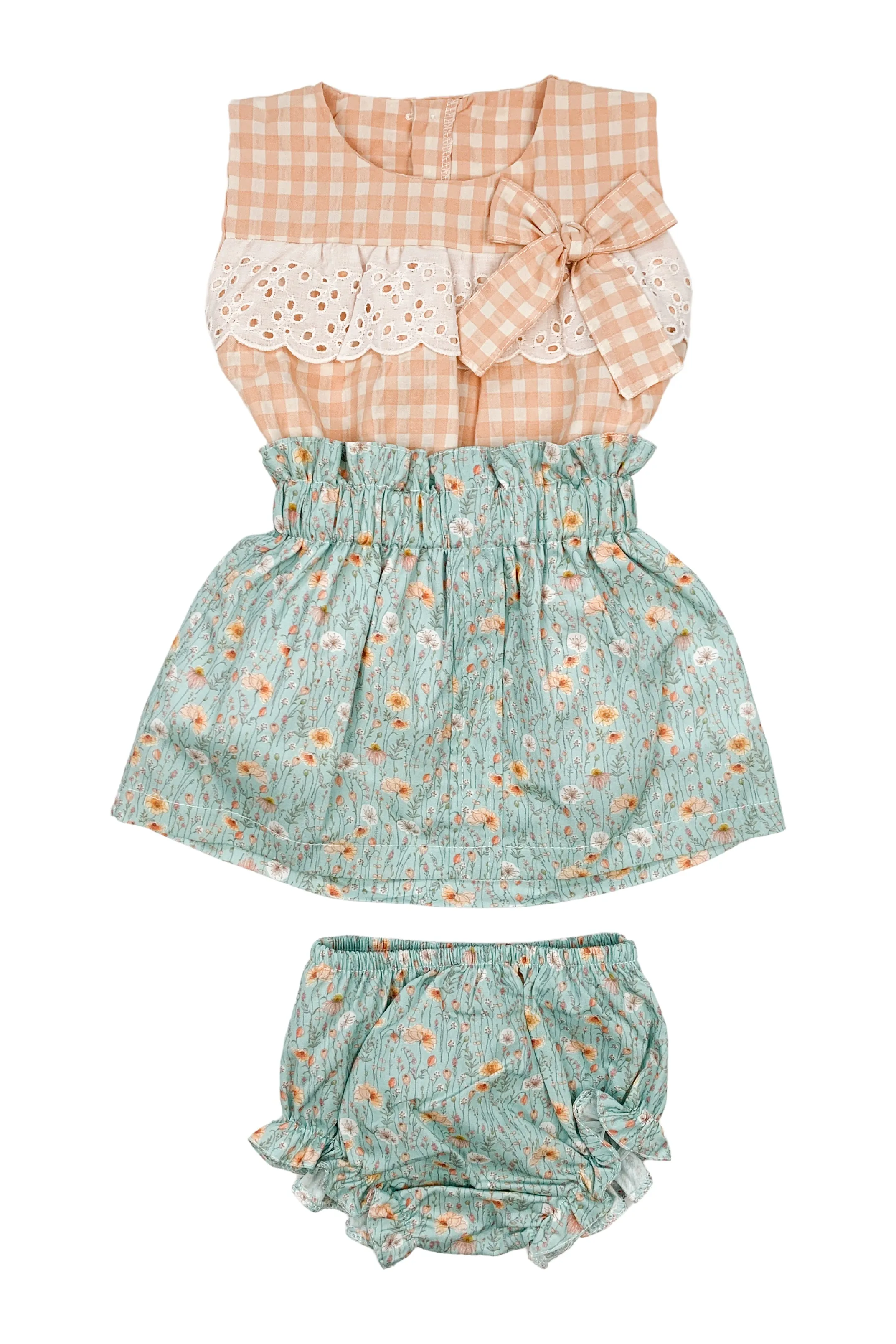 "Meadow" Peach Gingham Blouse & Sage Floral Skirt