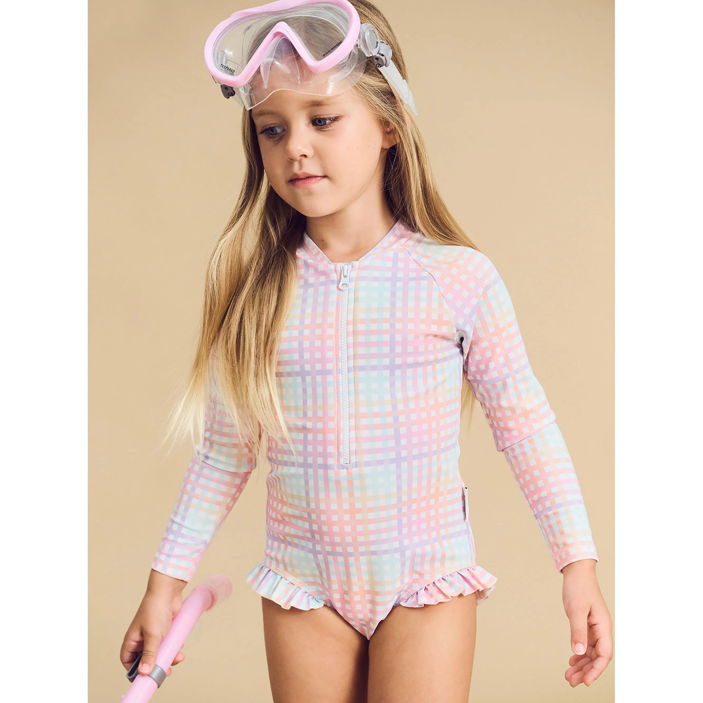 Rainbow Check Frill Zip Swimsuit