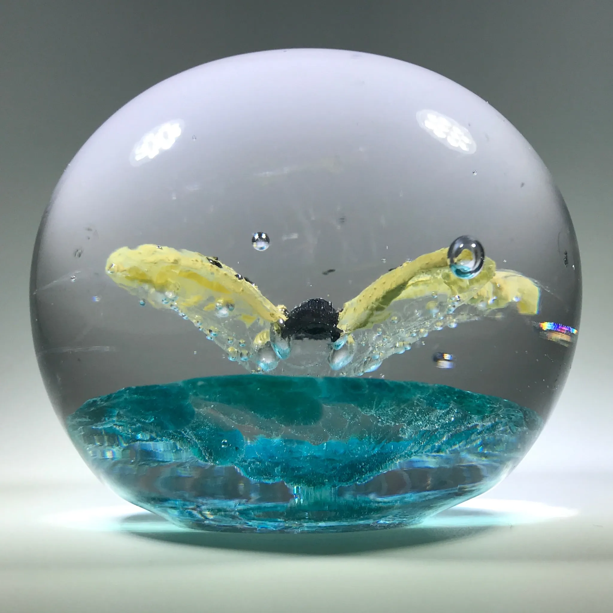 Rare Vintage Charles Degenhart Art Glass Paperweight Encased Yellow Butterfly