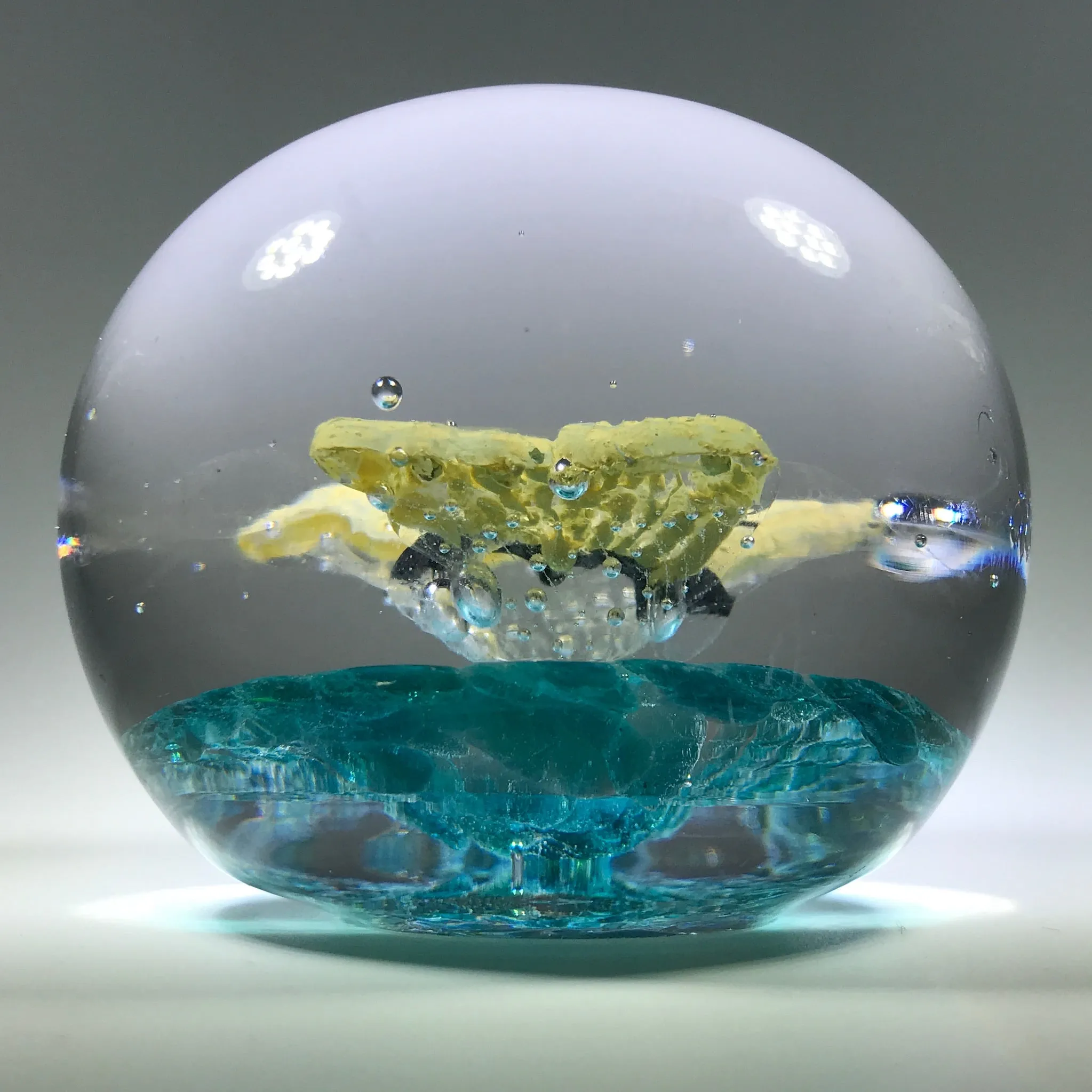 Rare Vintage Charles Degenhart Art Glass Paperweight Encased Yellow Butterfly