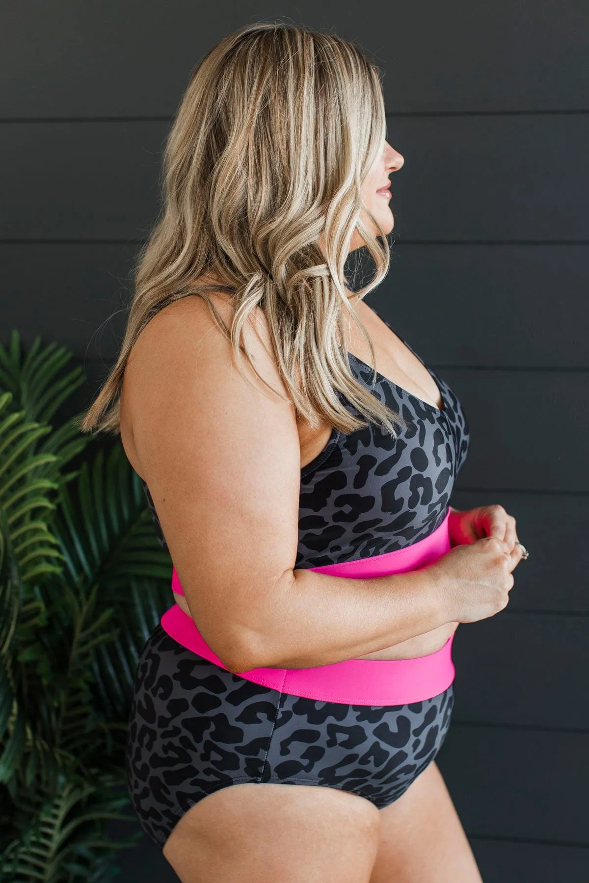 Ray Of Sunshine Swim Bottoms- Charcoal Leopard & Neon Pink
