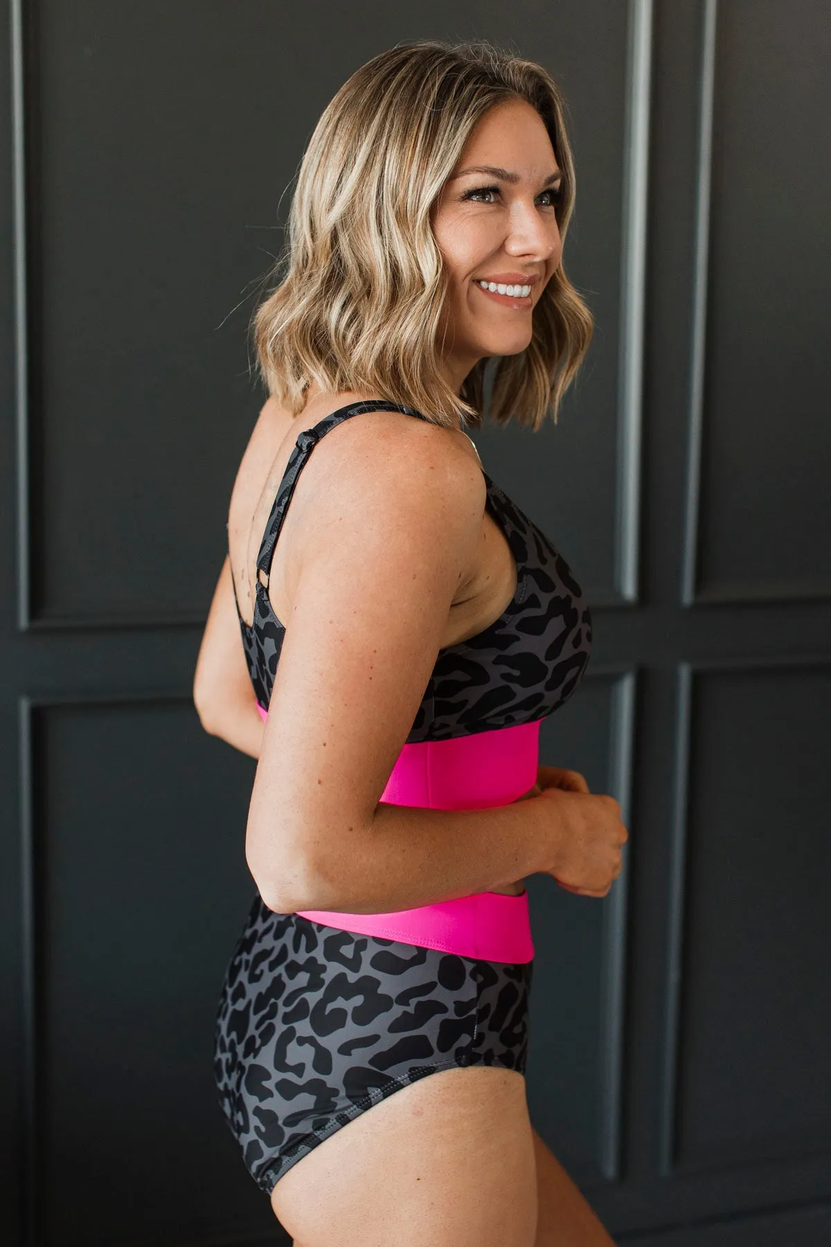 Ray Of Sunshine Swim Bottoms- Charcoal Leopard & Neon Pink