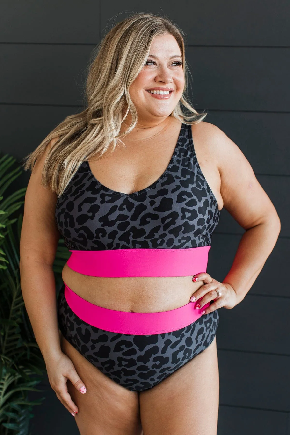 Ray Of Sunshine Swim Bottoms- Charcoal Leopard & Neon Pink