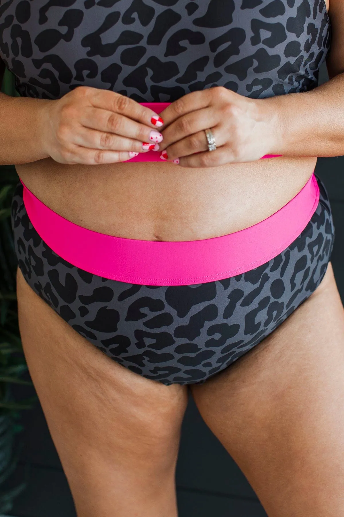 Ray Of Sunshine Swim Bottoms- Charcoal Leopard & Neon Pink