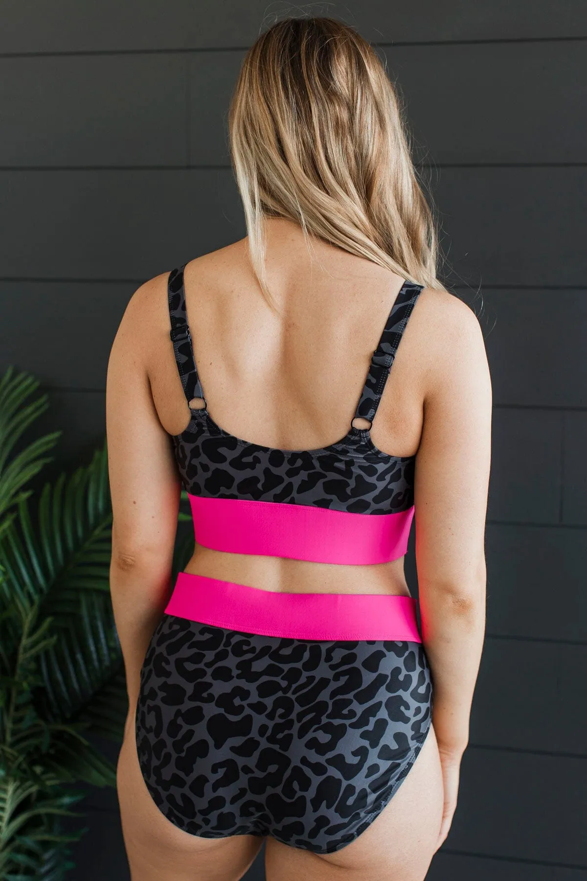 Ray Of Sunshine Swim Bottoms- Charcoal Leopard & Neon Pink