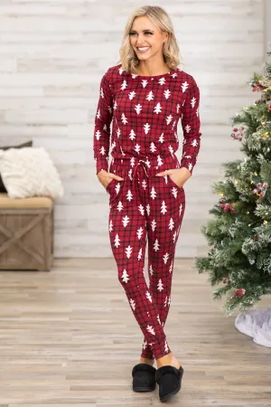 Red and White Plaid Tree Print Lounge Set