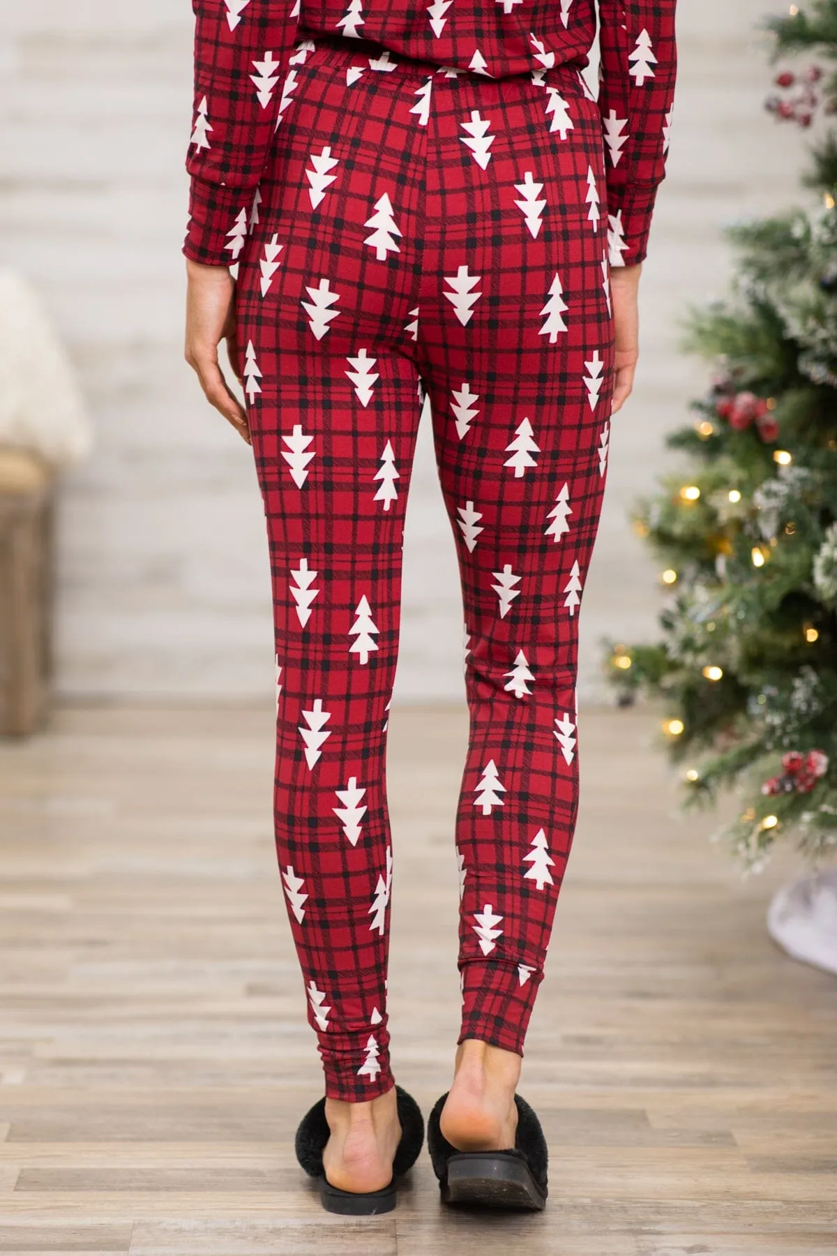 Red and White Plaid Tree Print Lounge Set
