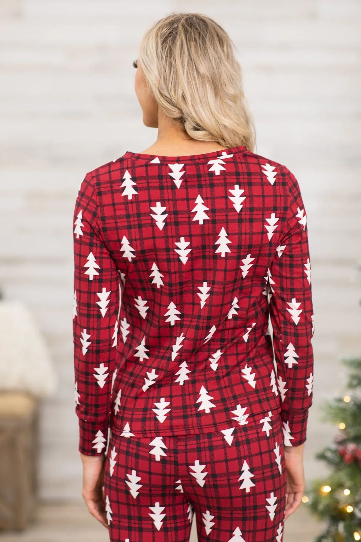 Red and White Plaid Tree Print Lounge Set
