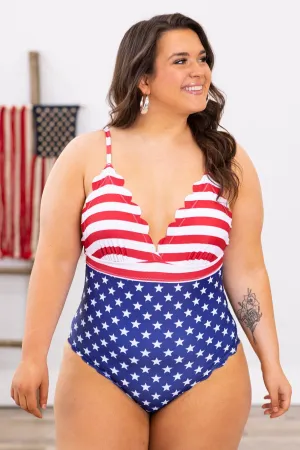 Red Navy Flag Print One Piece Swimsuit
