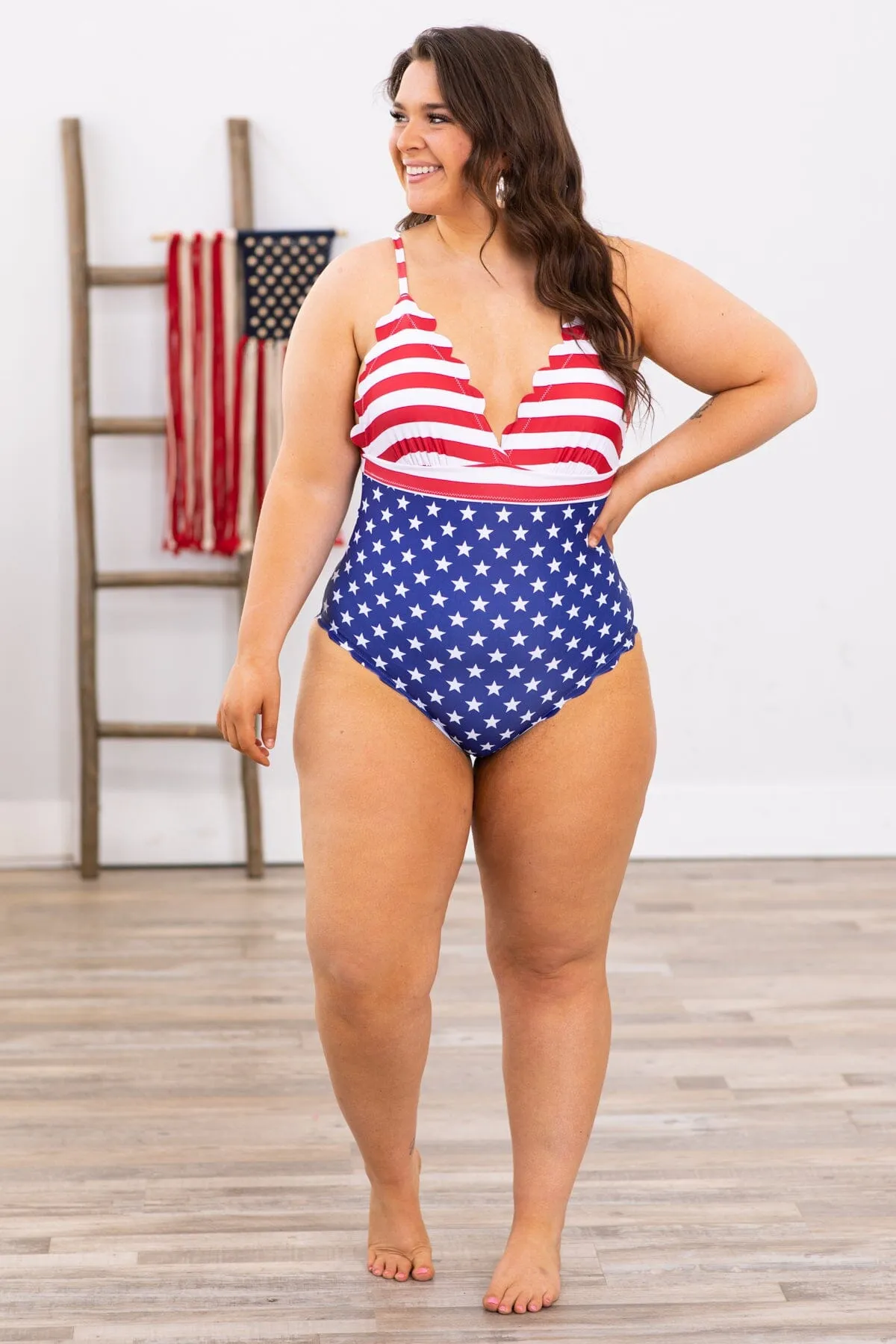 Red Navy Flag Print One Piece Swimsuit