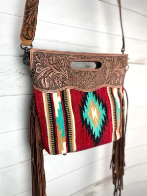 Red Turquoise Diamond Wool Leather Clutch Fringe Bag