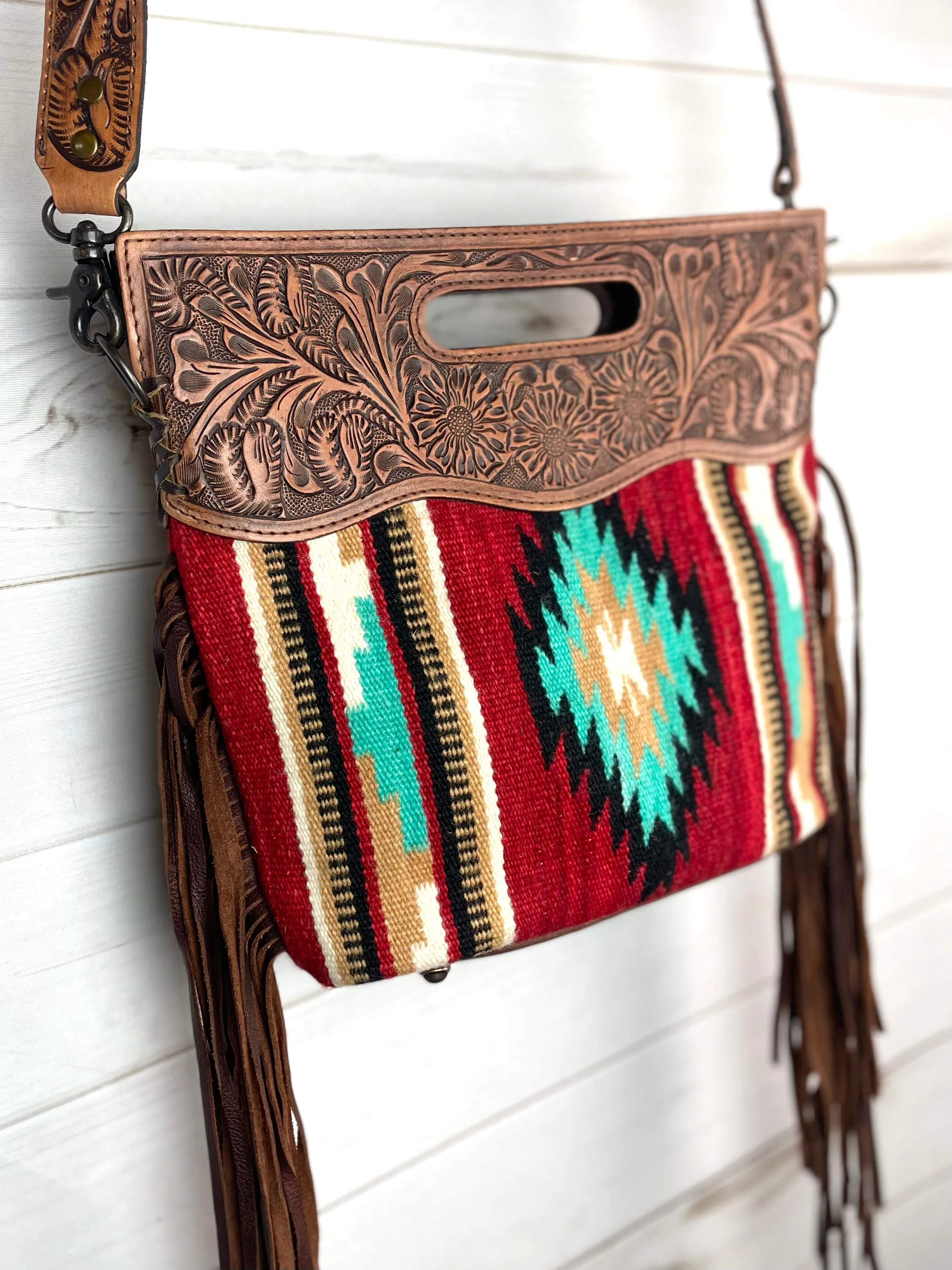 Red Turquoise Diamond Wool Leather Clutch Fringe Bag