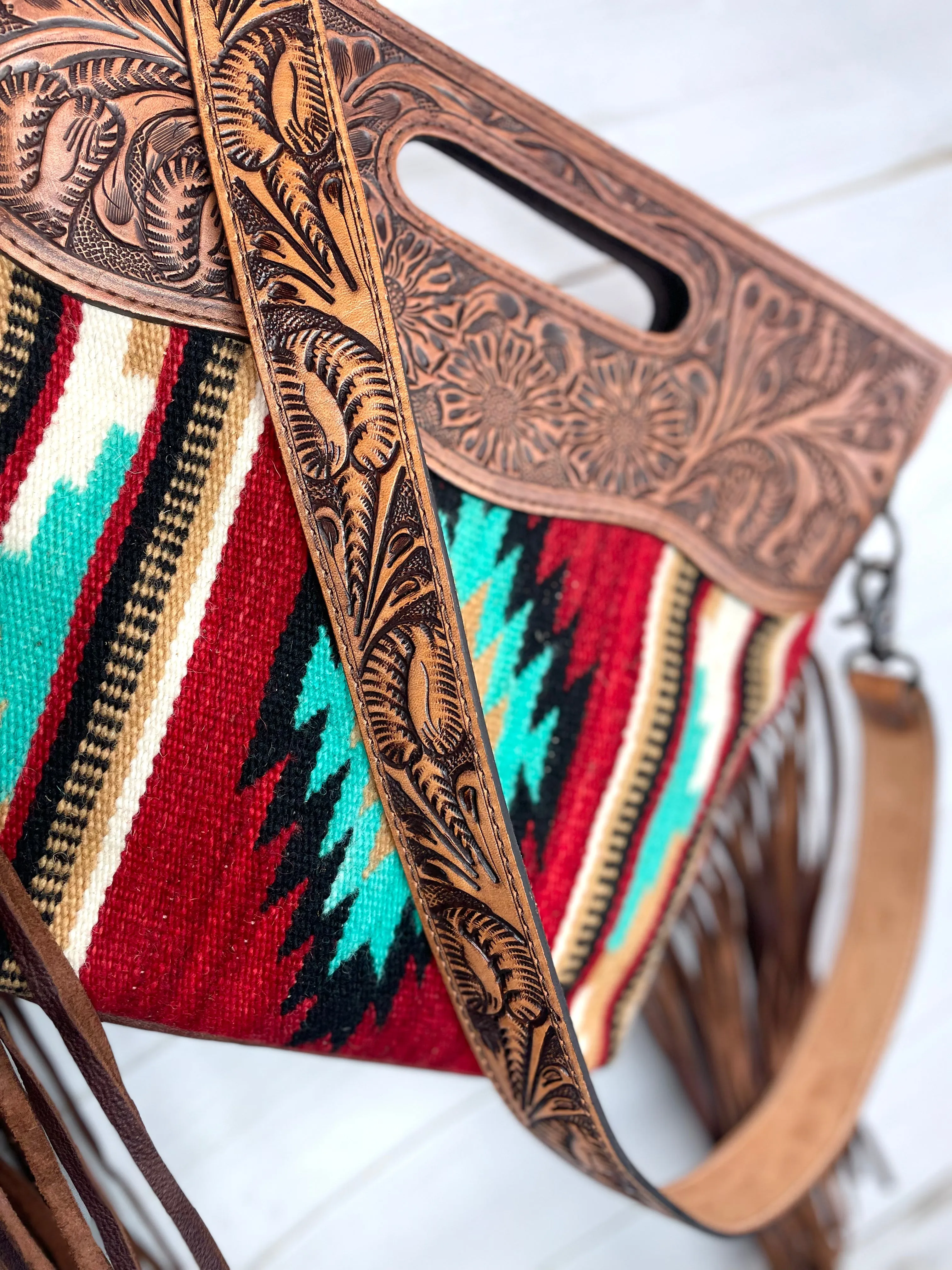 Red Turquoise Diamond Wool Leather Clutch Fringe Bag