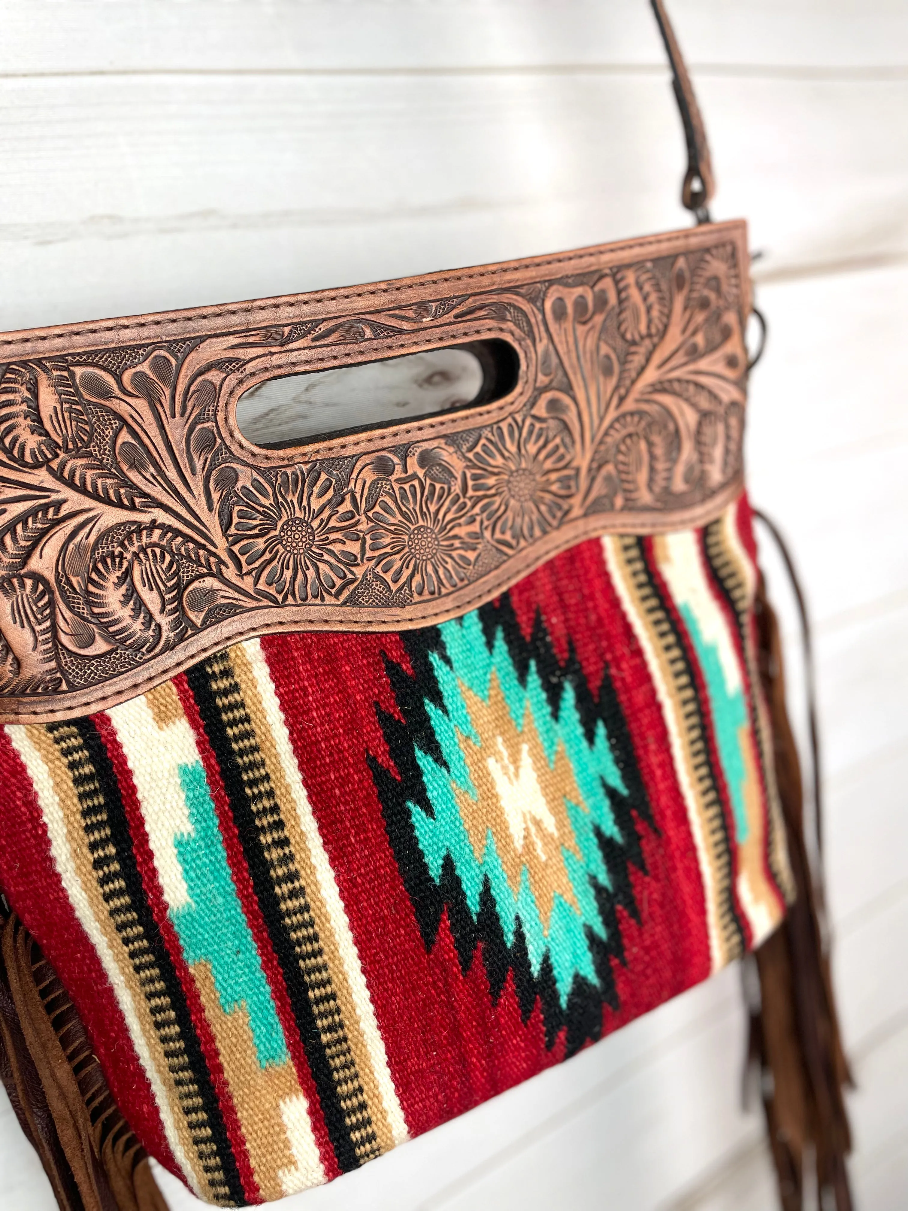 Red Turquoise Diamond Wool Leather Clutch Fringe Bag