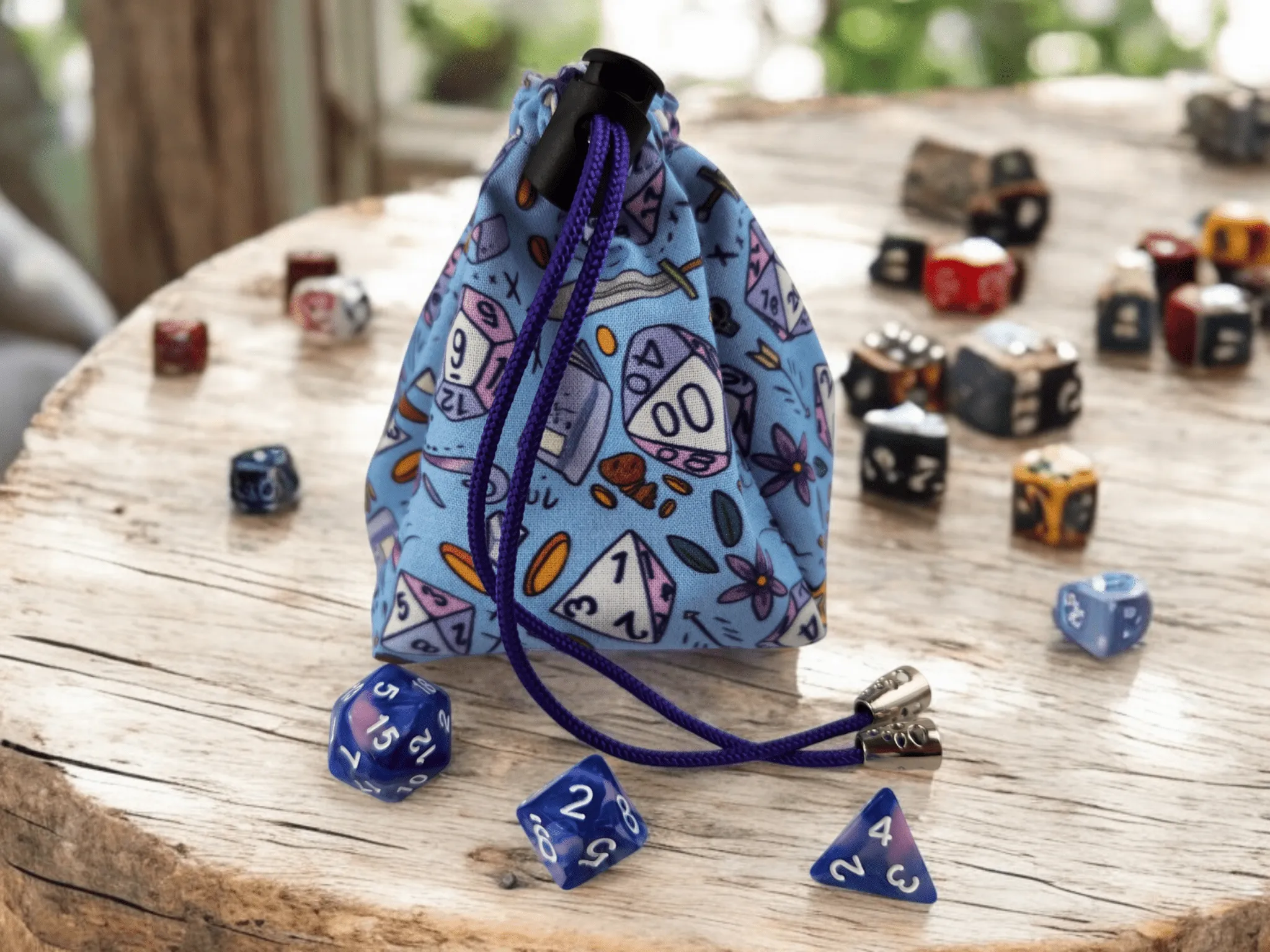 Role playing dice bag in light blue, TTRPG