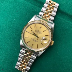 Rolex Datejust 16233 Two Tone Champagne Stick Automatic Wristwatch Box Papers Circa 1990