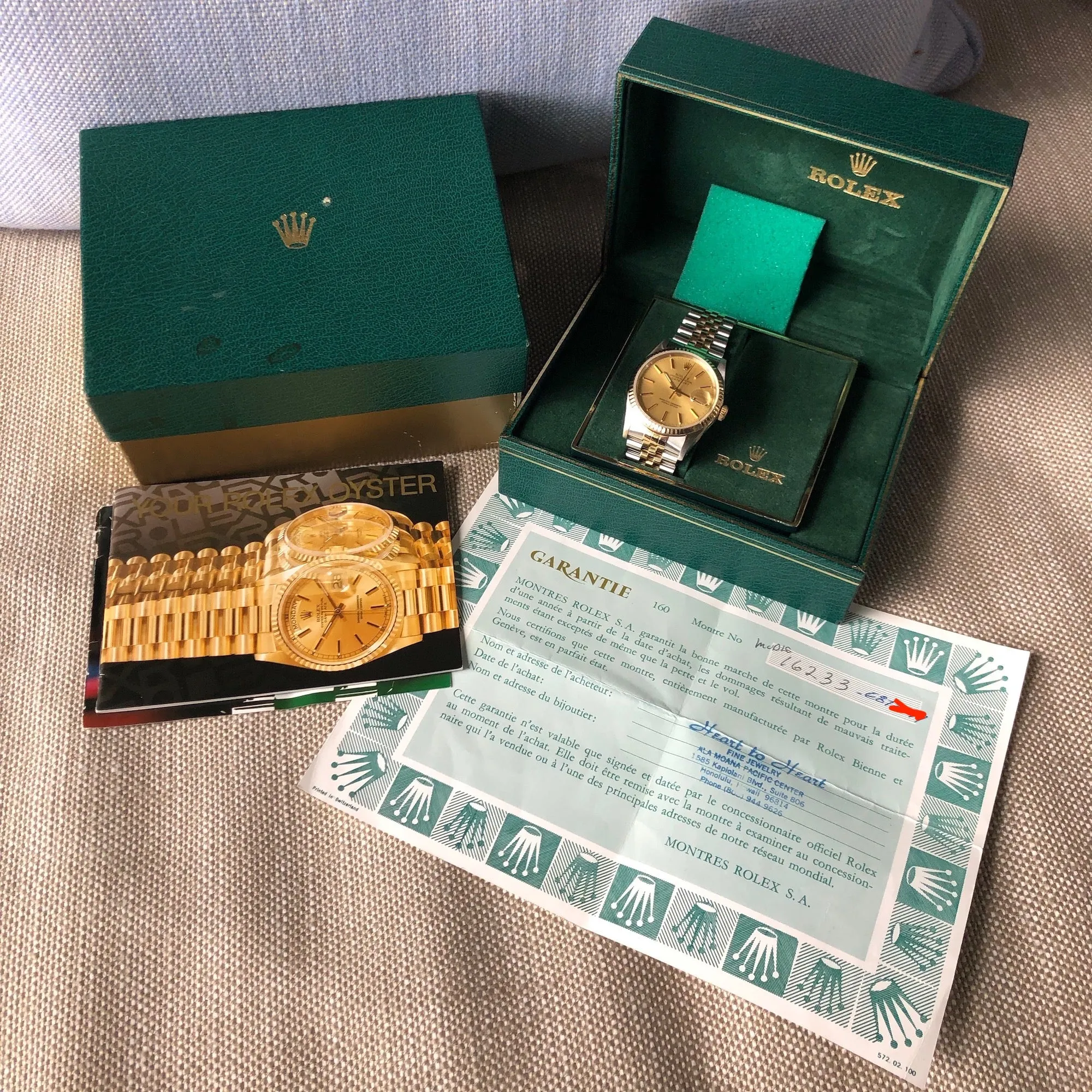 Rolex Datejust 16233 Two Tone Champagne Stick Automatic Wristwatch Box Papers Circa 1990