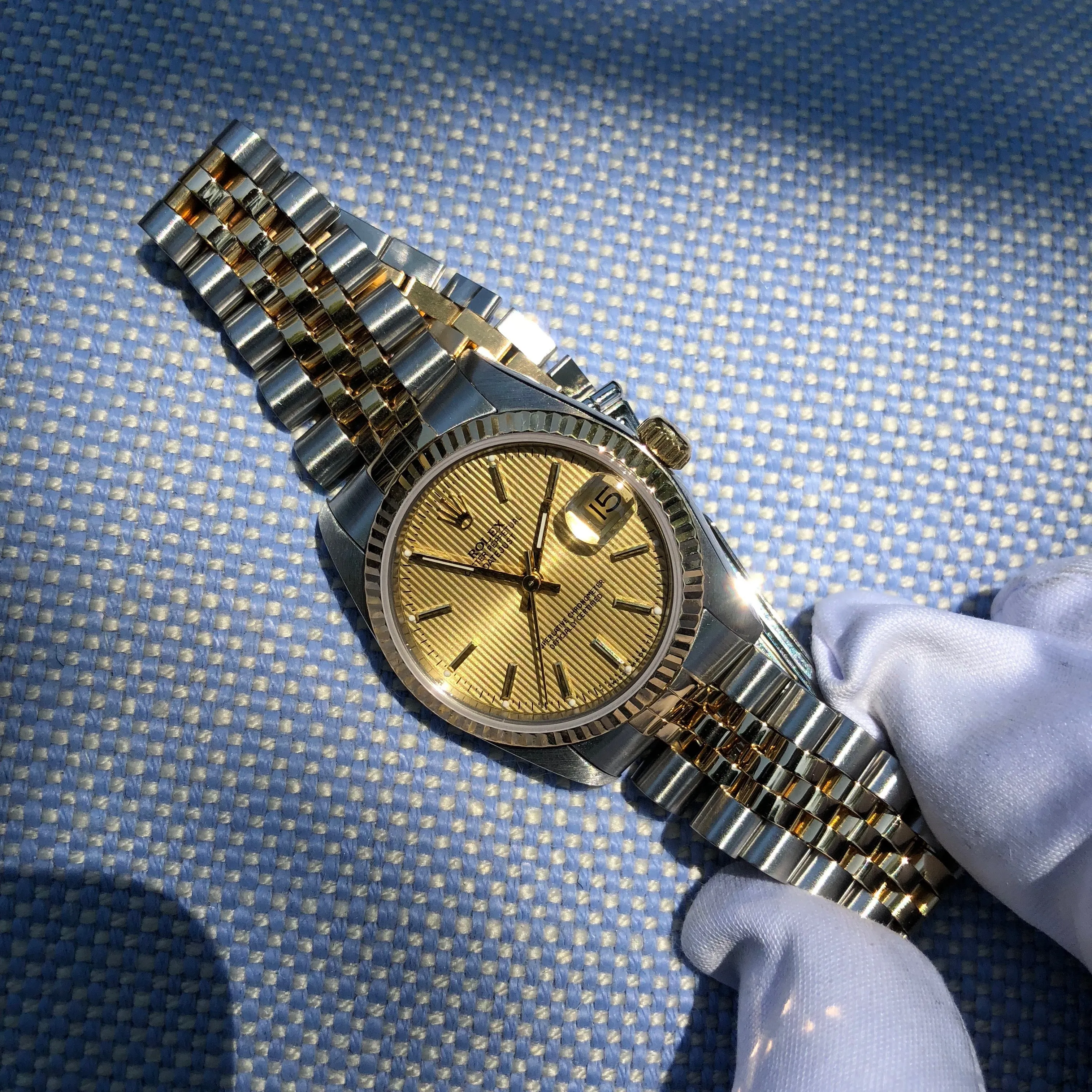 Rolex Datejust 68273 Mid Size Ladies Two Tone Tapestry Champagne Automatic Wristwatch Circa 1995