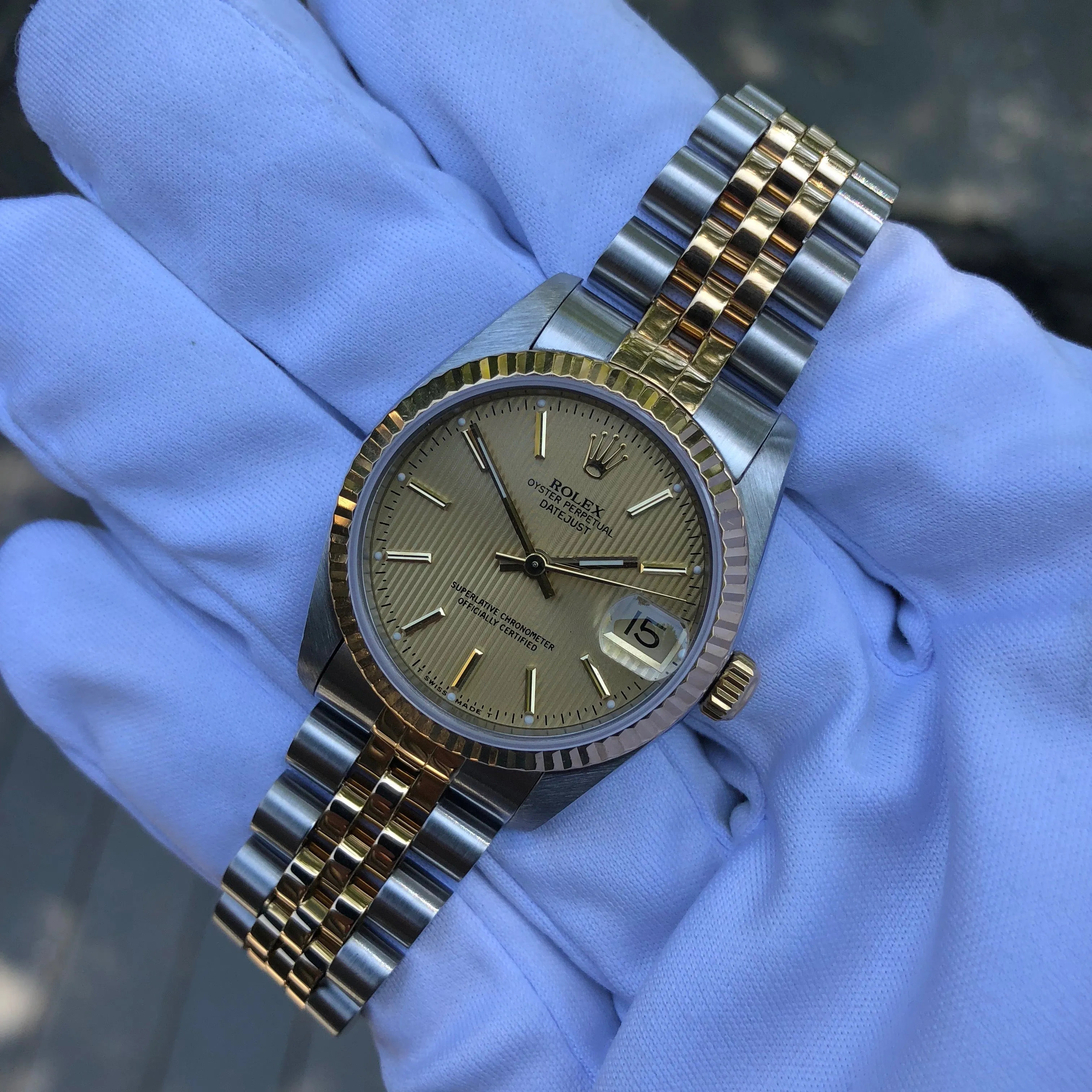 Rolex Datejust 68273 Mid Size Ladies Two Tone Tapestry Champagne Automatic Wristwatch Circa 1995