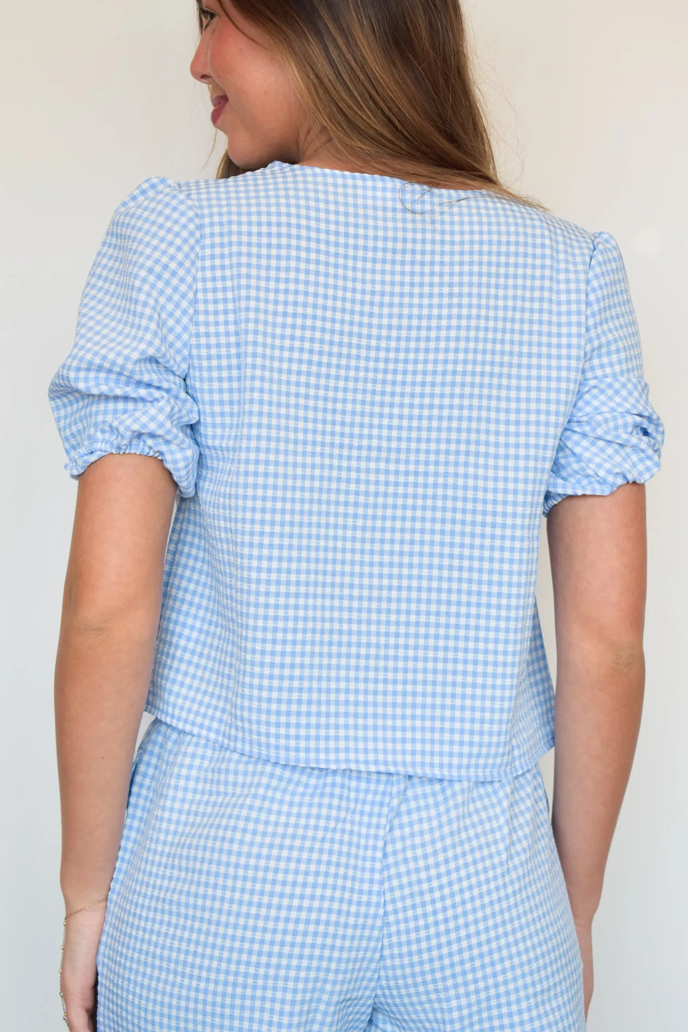 Rosie Gingham Tie Blouse- Sky Blue