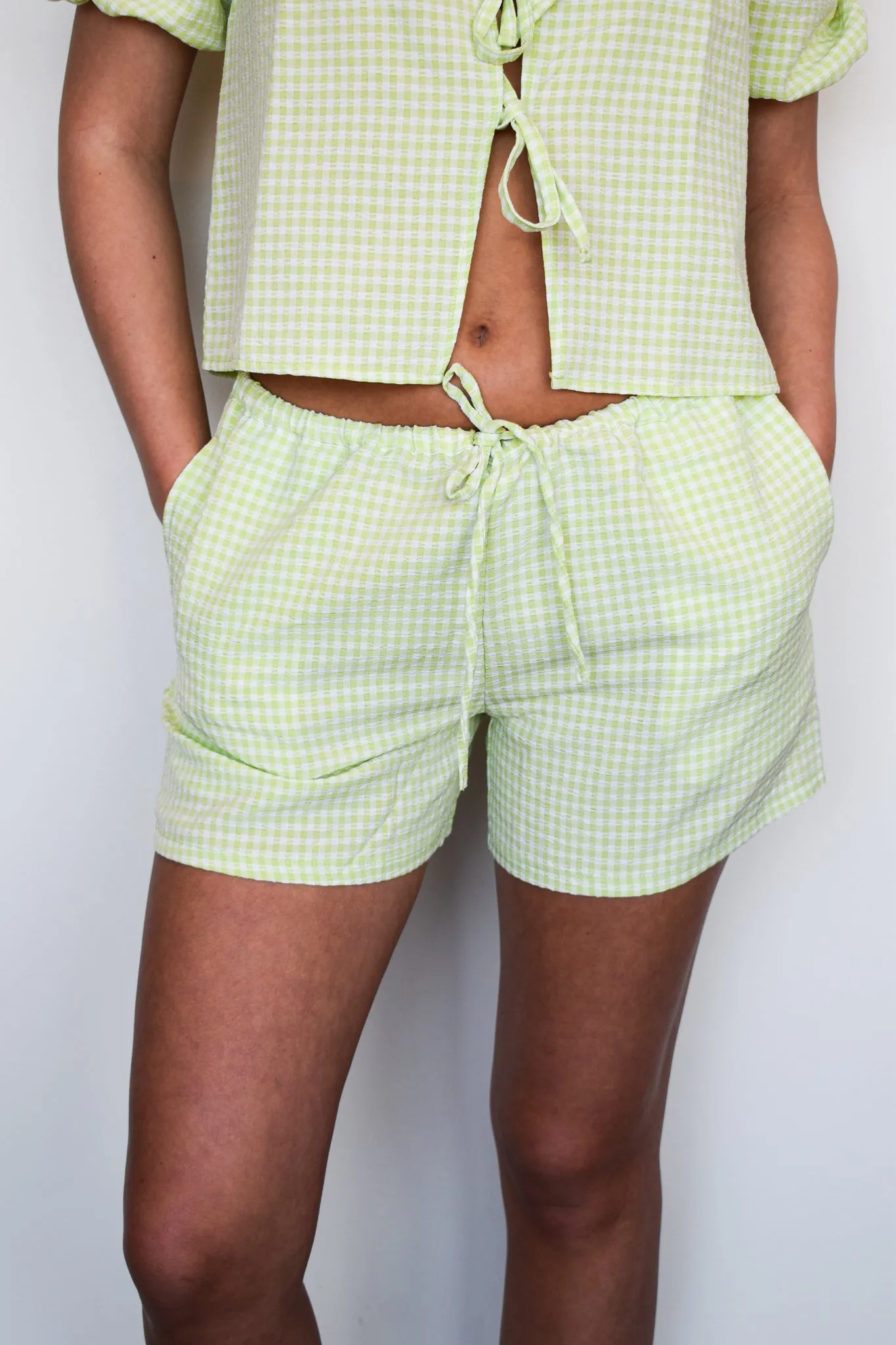Rosie Gingham Tie Shorts- Lime