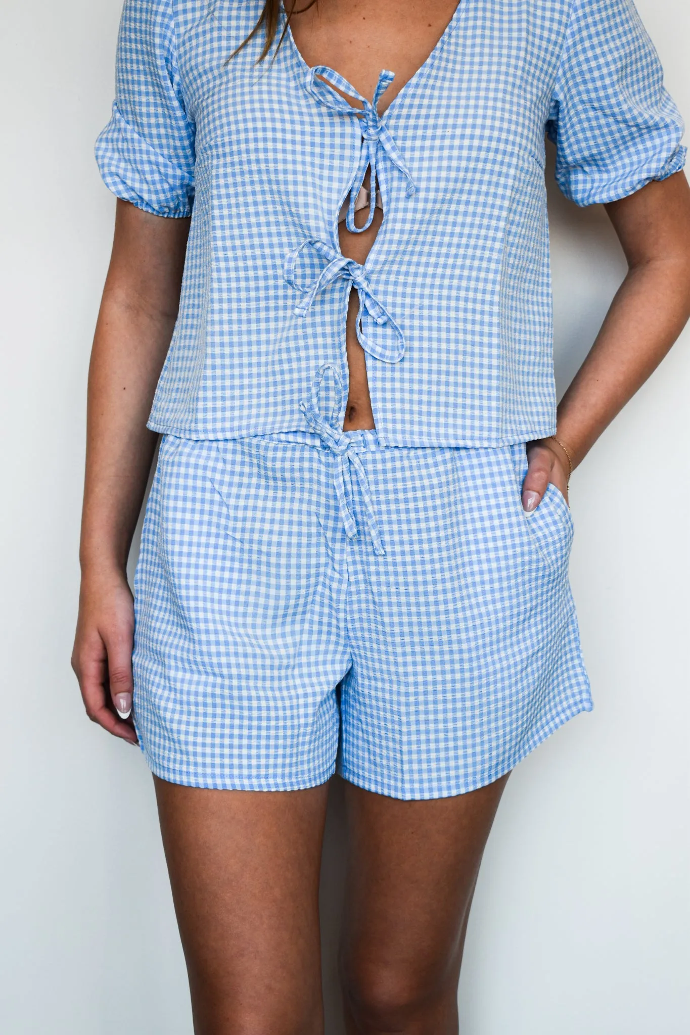 Rosie Gingham Tie Shorts- Sky Blue