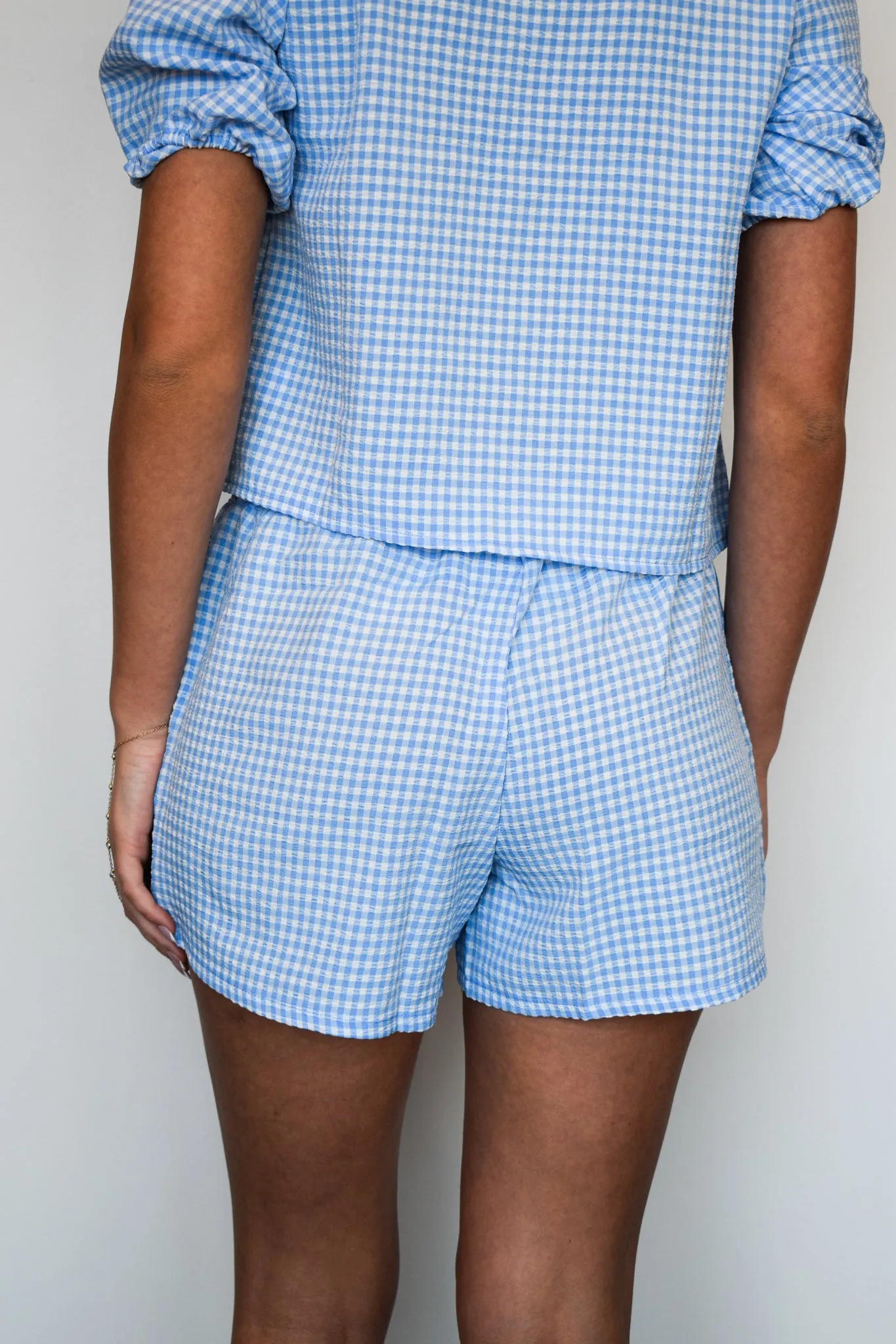 Rosie Gingham Tie Shorts- Sky Blue