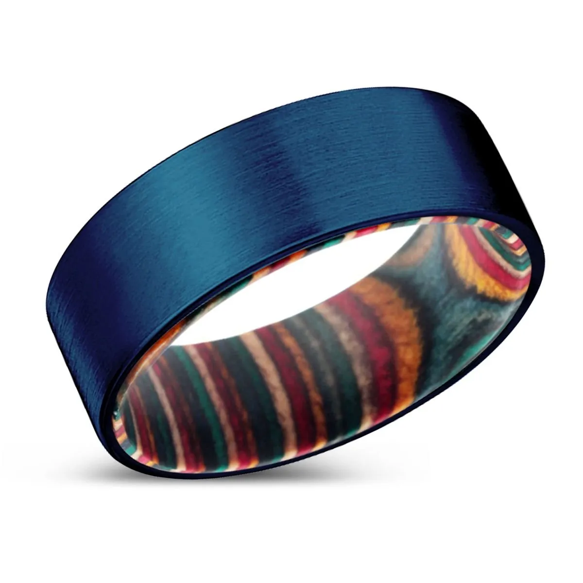 ROUGE | Multi Color Wood, Blue Tungsten Ring, Brushed, Flat