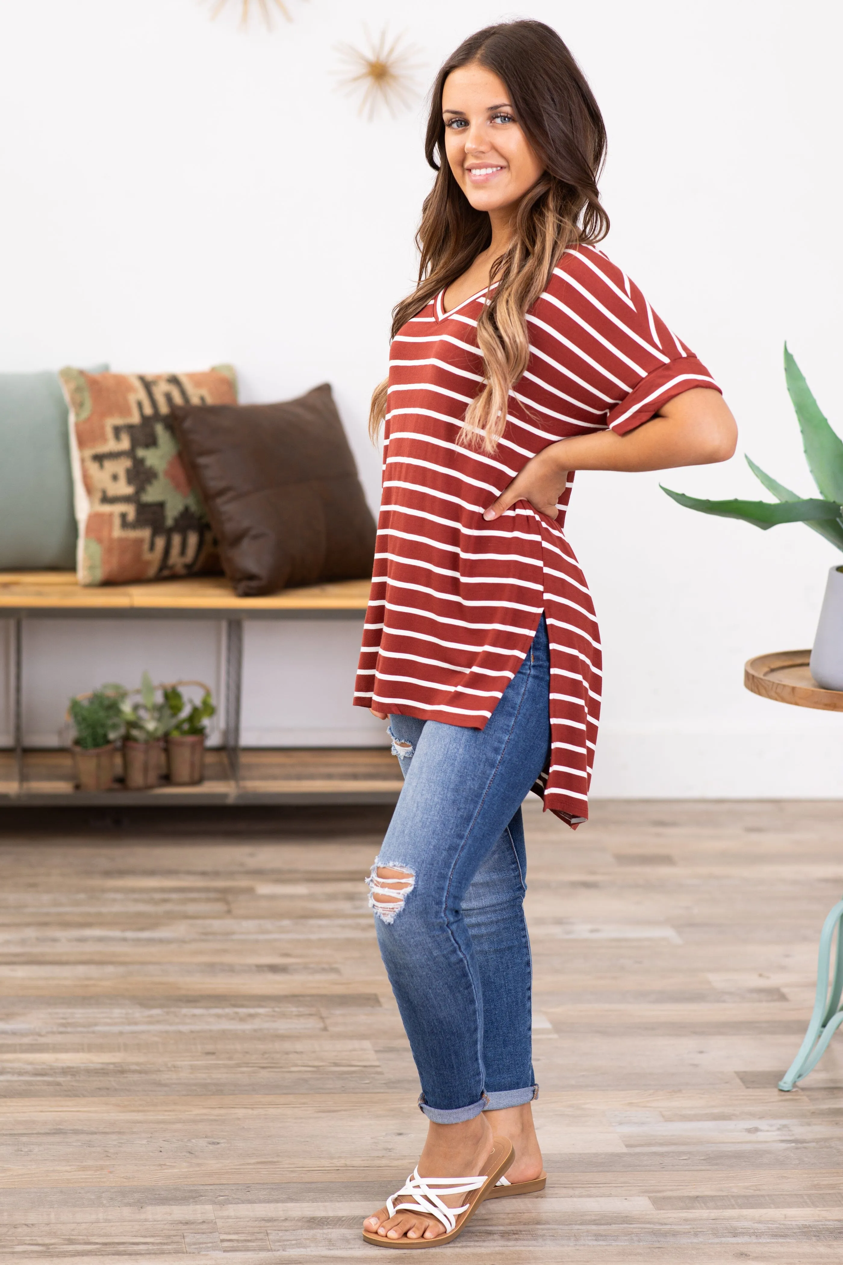 Rust and Off White Stripe V-Neck Top